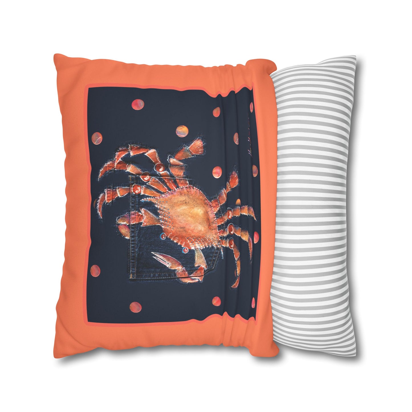Crab Art Faux Suede Pillowcase — Orange Coastal Square Throw Pillow Cover by artist Marie Frederique