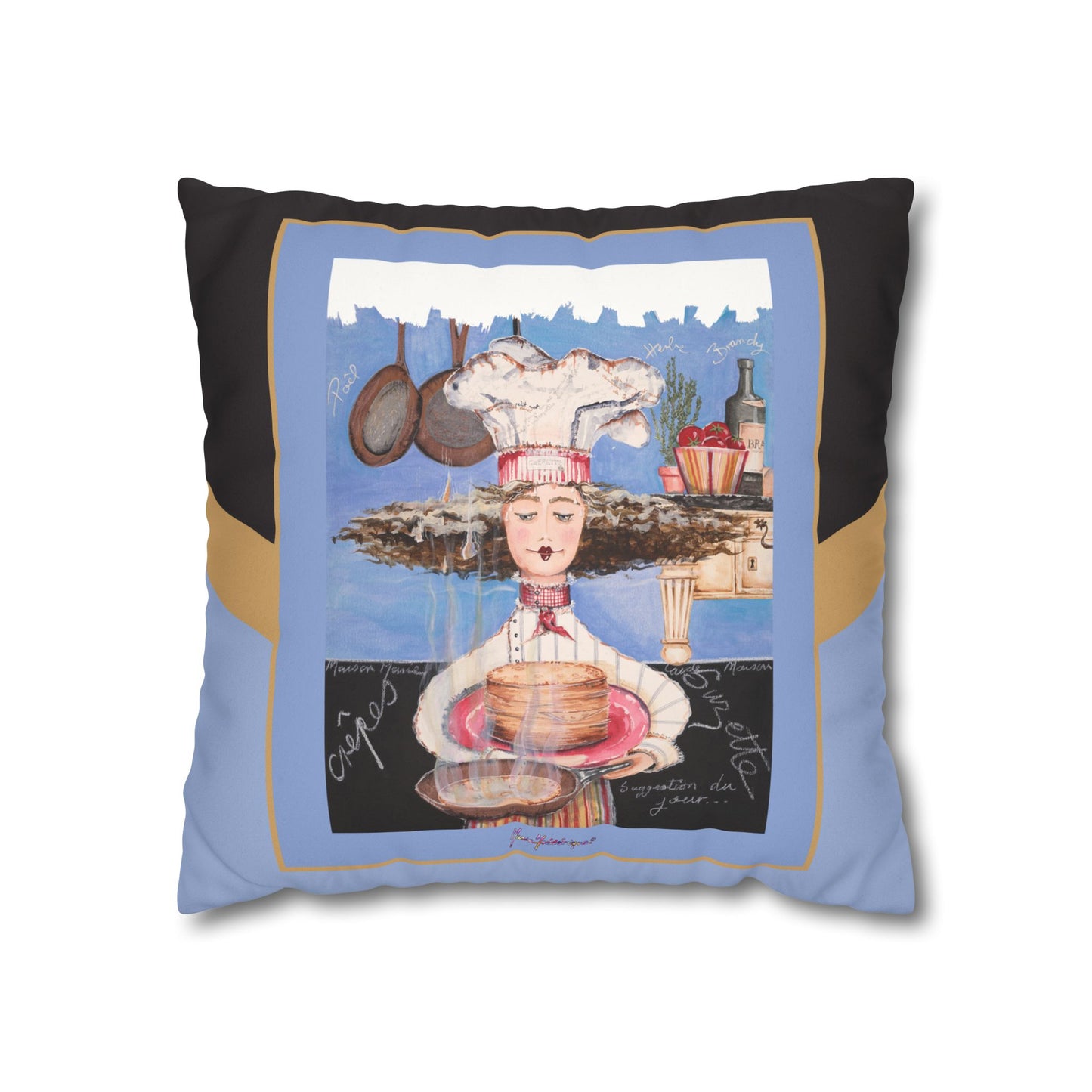 Chef, Crepes Suzette Faux Suede Pillowcase — Whimsical Chefetteville Kitchen Decor by artist Marie Frederique