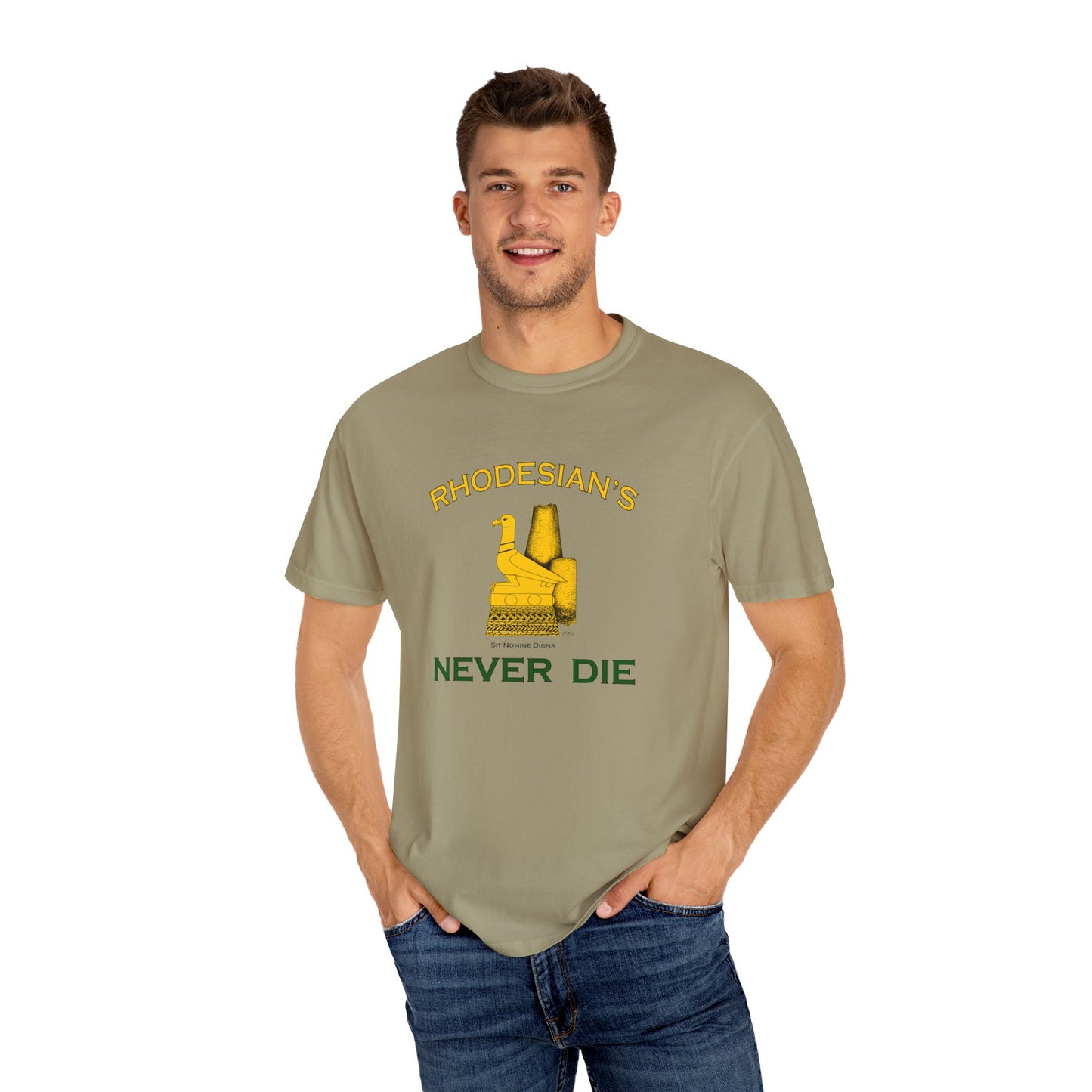 Rhodesian's Never Die, Sit Nomine Digna - Unisex Garment-Dyed T-shirt by artist Marie Frederique