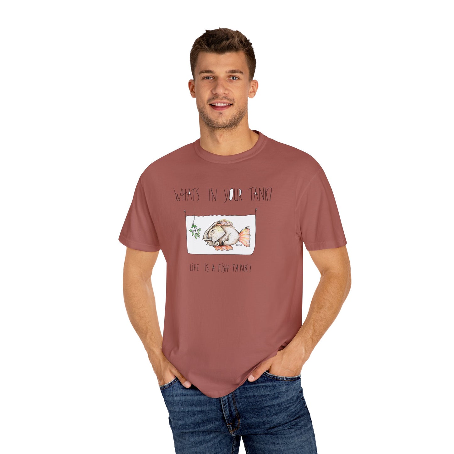 Life is a Fish Tank Collection, "What's in your tank?  Elephant Fish with a dangling tree branch. Unisex Garment-Dyed T-shirt by artist Marie Frederique