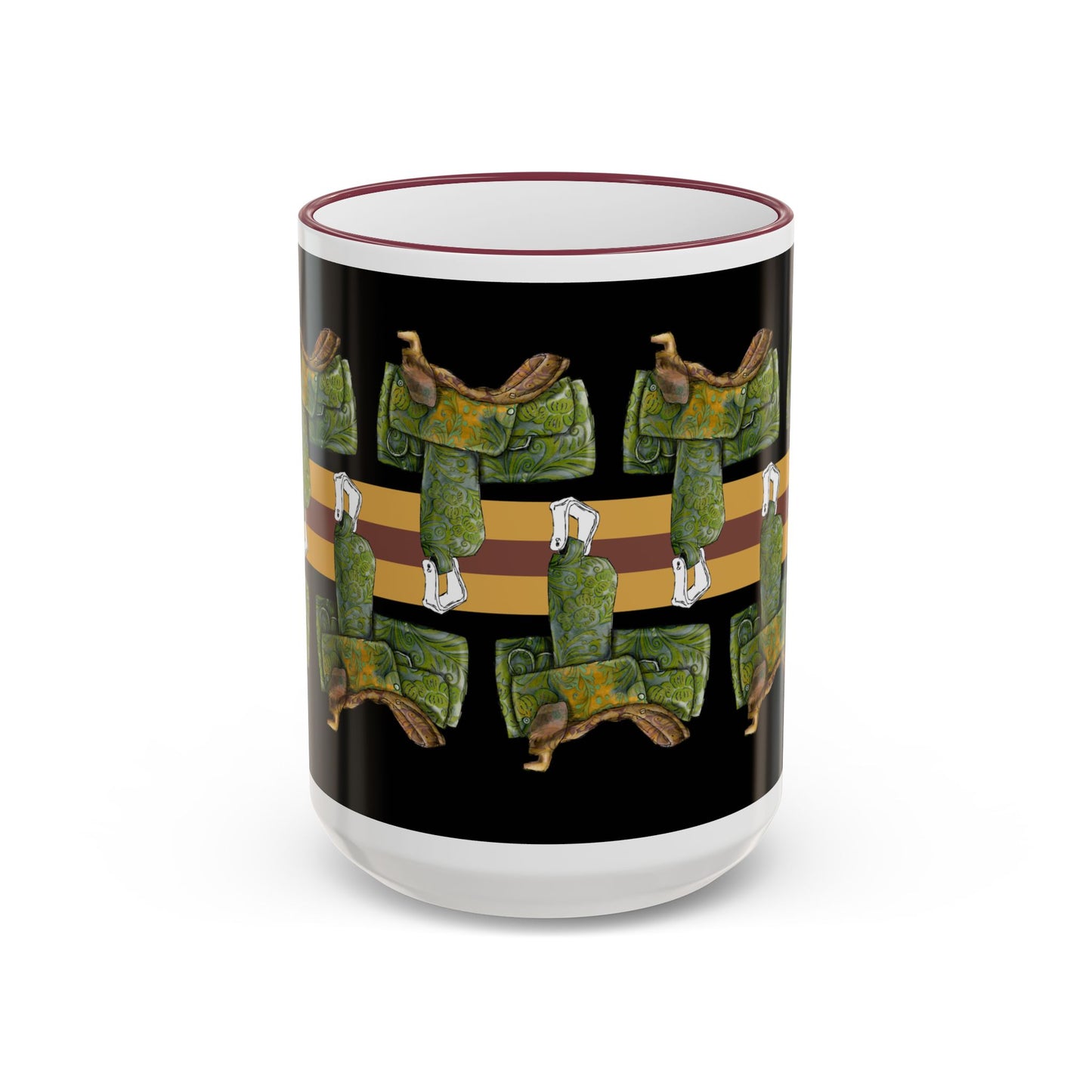 Western Saddle & Scarf Pattern Accent Rim Mug (11oz/15oz) by artist Marie Frederique