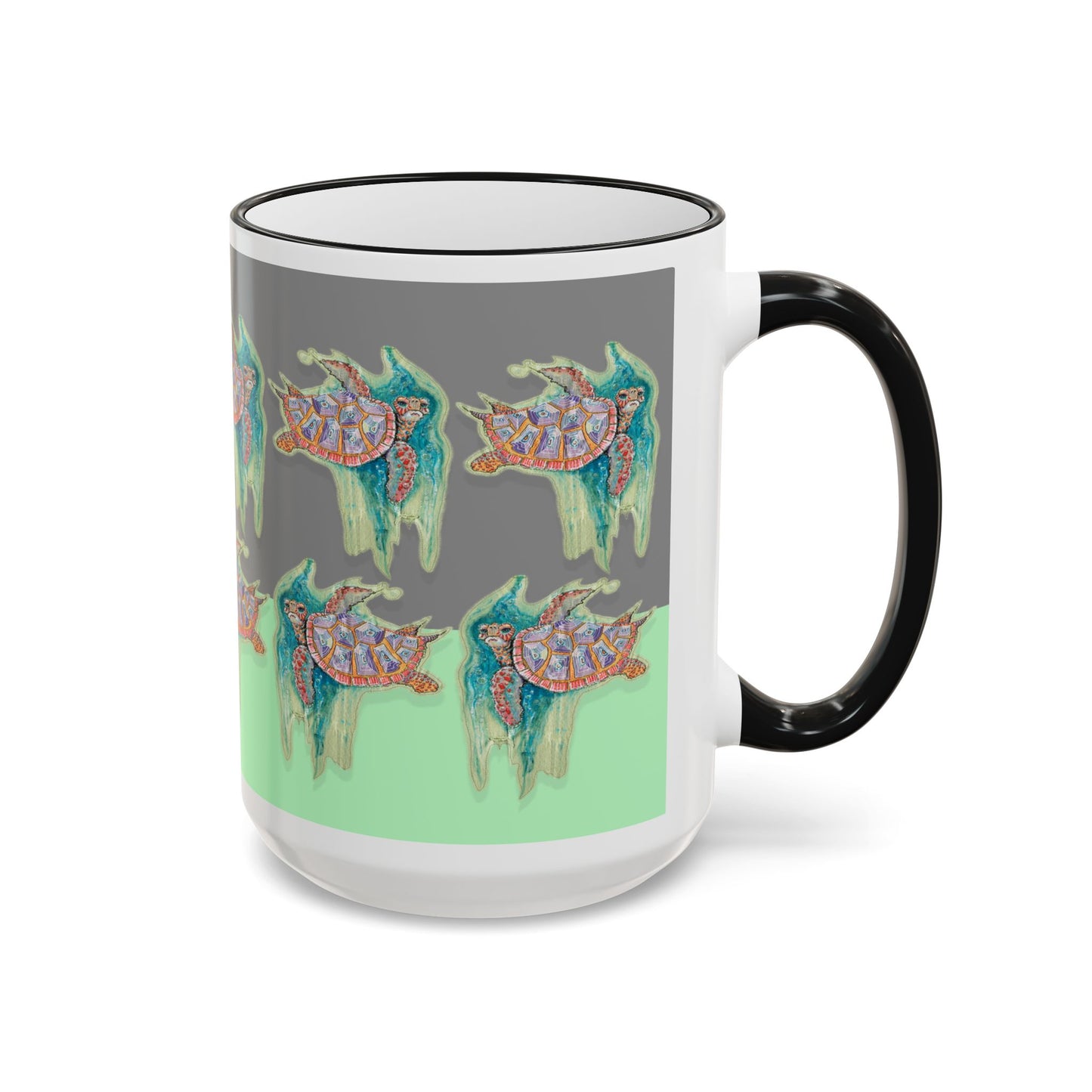Turtle Mug — Artful Ocean Ceramic Accent Rim & Handle (11oz/15oz) by artist Marie Frederique