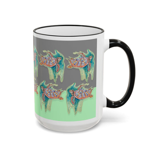 Turtle Mug — Artful Ocean Ceramic Accent Rim & Handle (11oz/15oz) by artist Marie Frederique