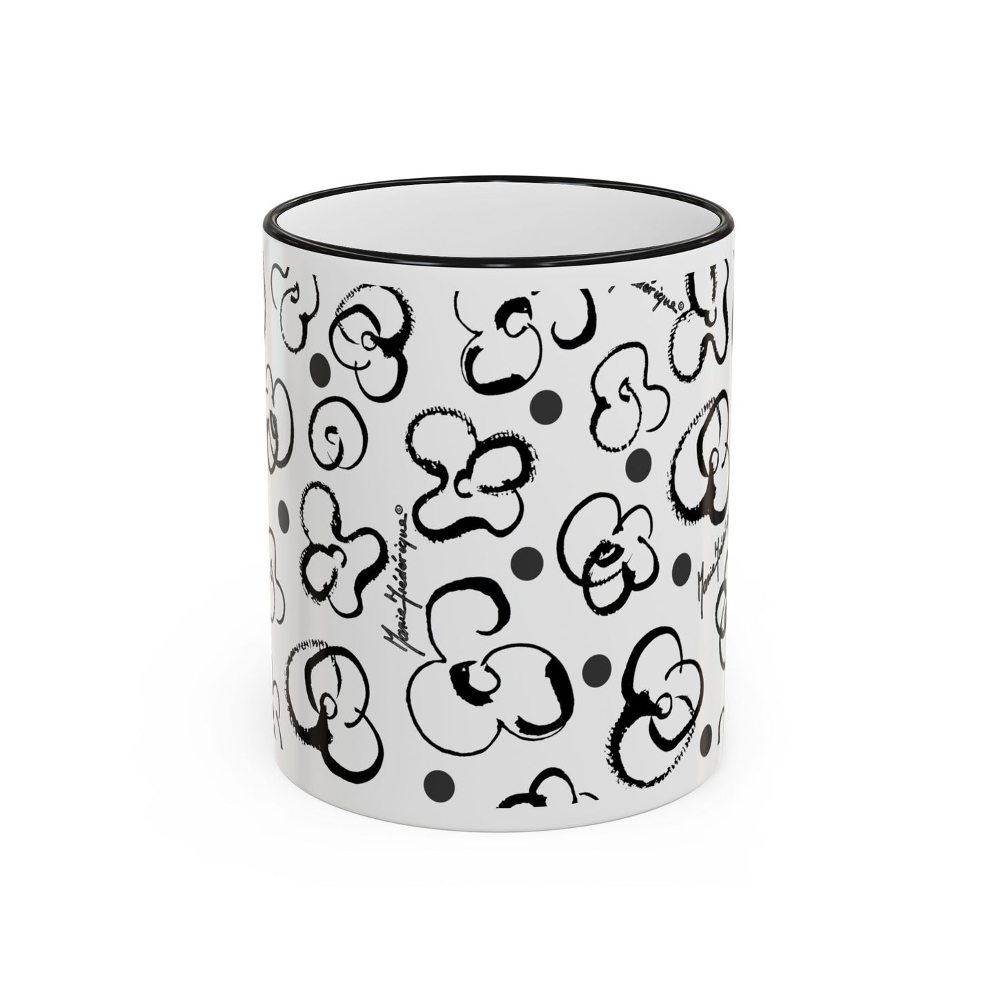 Black & White Floral Brush Doodle Accent Mug (11oz/15oz) by artist Marie Frederique