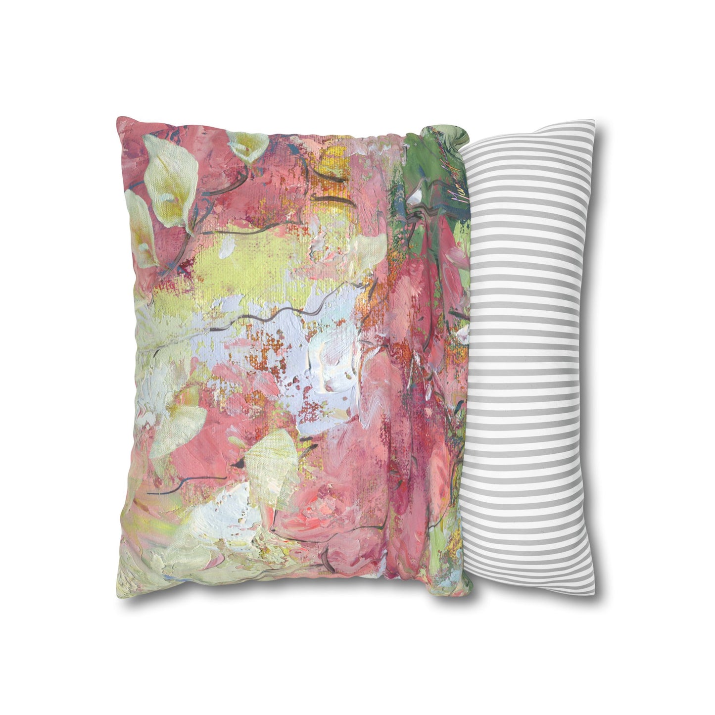 Floral Abstract Faux Suede Pillowcase – Pink Watercolor Square Throw Pillow Cover by artist Marie Frederique