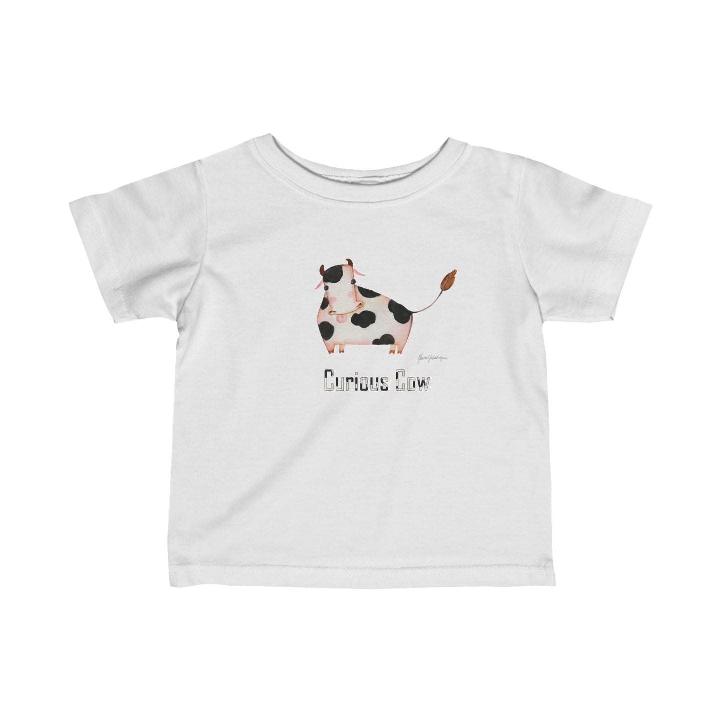 Curious Cow - Infant Fine Jersey Tee by Artist Marie Frederique in 5 color options. White, Apple, Light Blue, Pink and Red