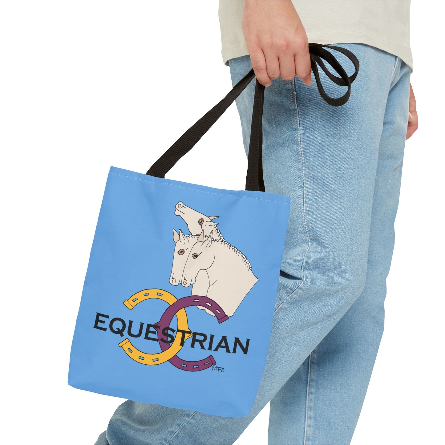 EQUESTRIAN CTS, Light Blue Tote Bag in 3 sizes and black or beige handles by artist Marie Frederique