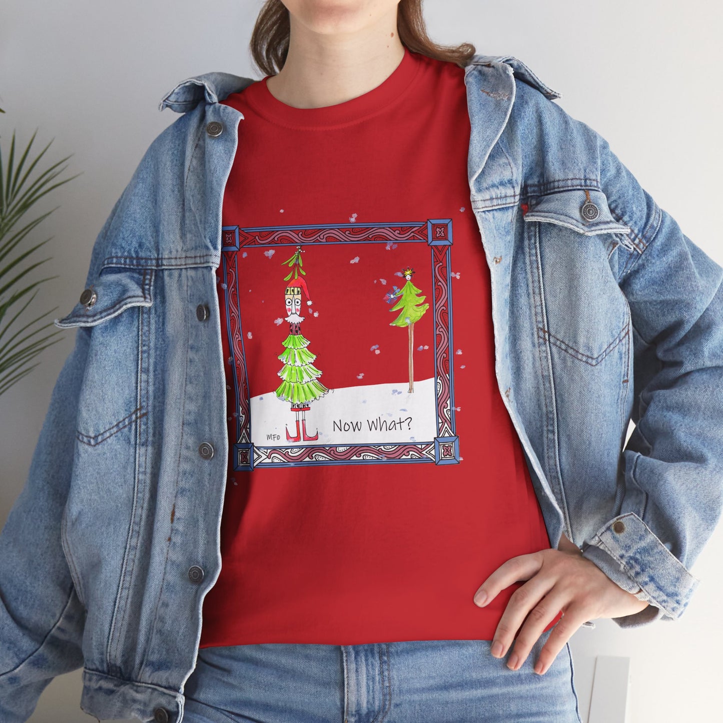 Mistletoe Christmas Tree Elf T-Shirt – Funny "Now What?" Holiday Tee by artist Marie Frederique