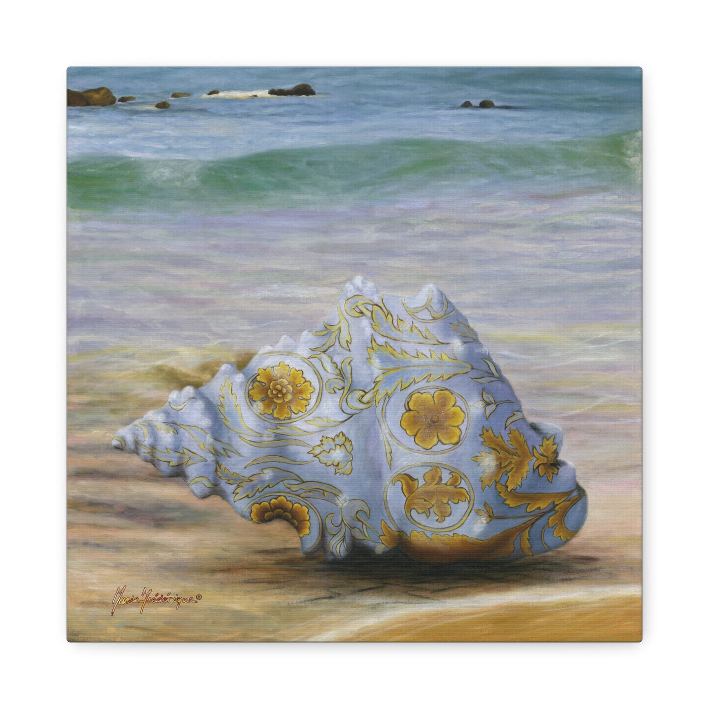 Ocean Tapestry I, Ornate Seashell Beach Canvas – Elegant Coastal Wall Art by artist Marie Frederique