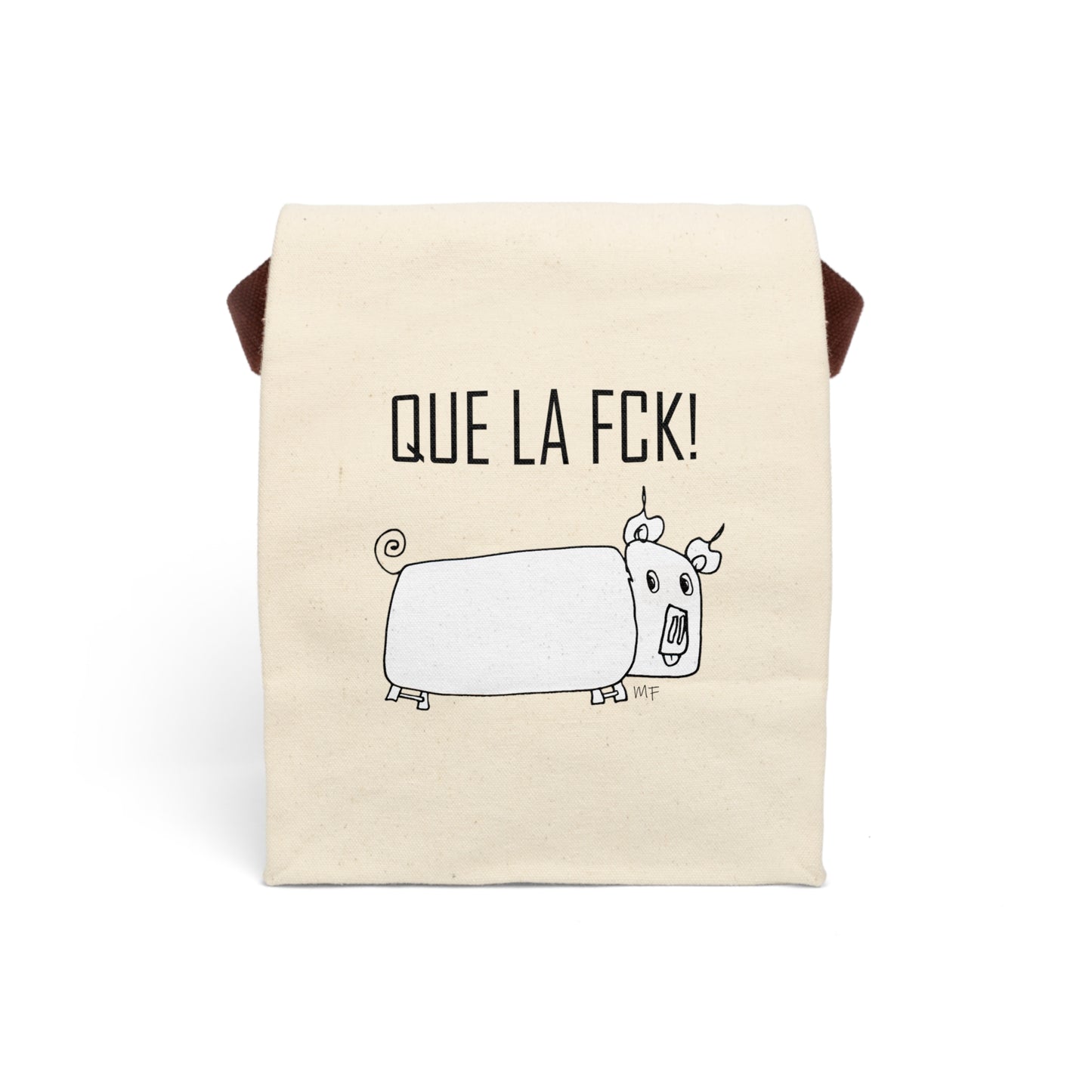 QUE LA FCK! Mr Pig seems surprised - Canvas Lunch Bag With Strap by artist Marie Frederique