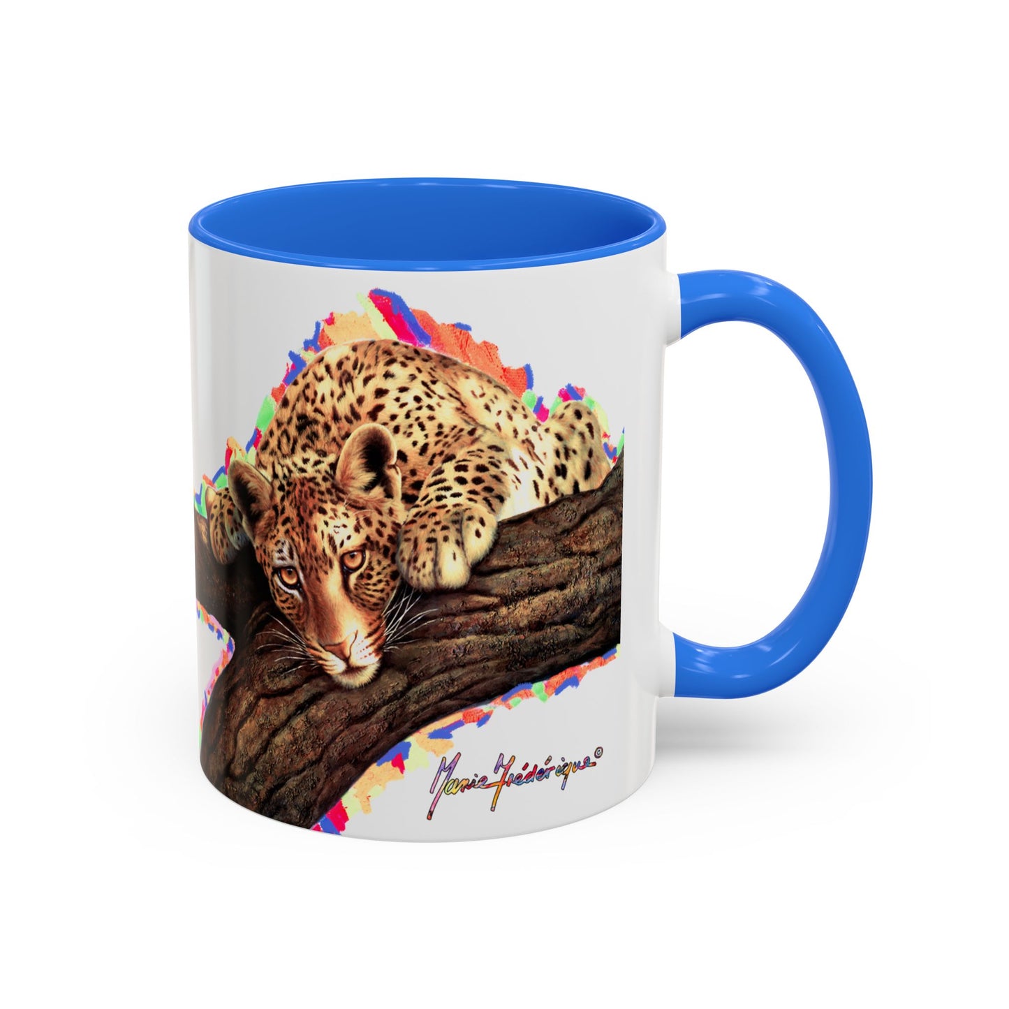 Leopard in a tree, "Remember, you're always being watched!" Mug by Artist Marie Frederique