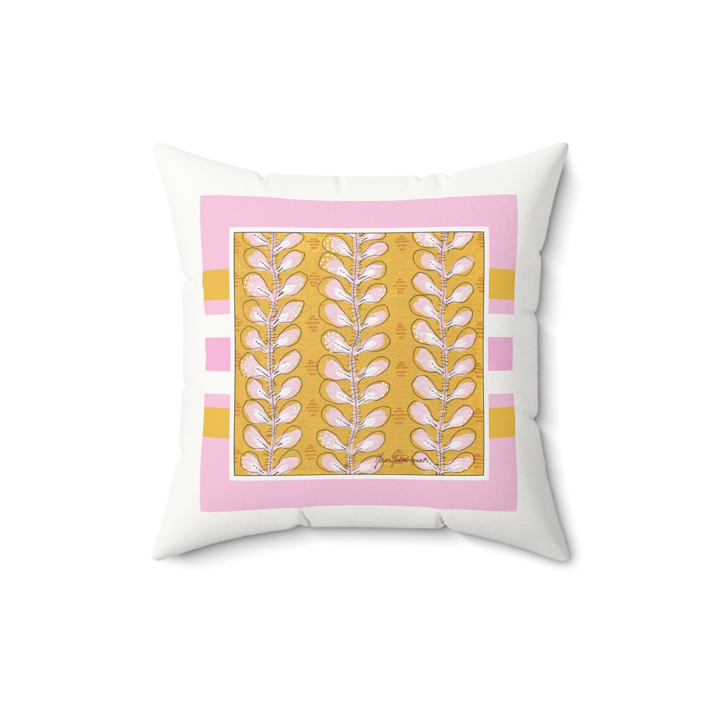 Decorative Gold and Pink Boho Square Pillow - Double-Sided Faux Suede Design by artist Marie Frederique
