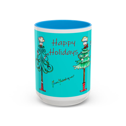 Christmas Trees, Happy Holiday Colorful Mugs by artist Marie Frederique