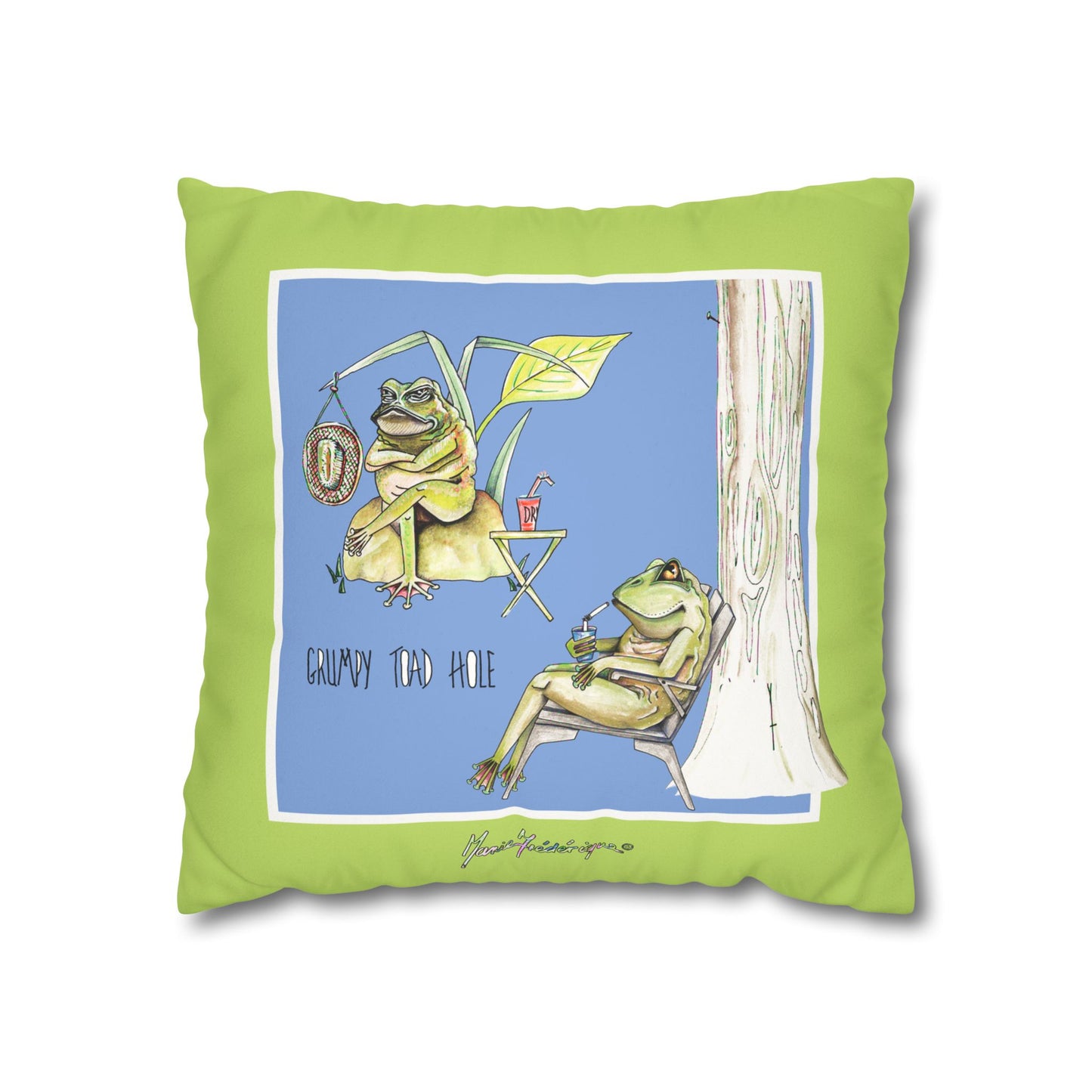 Grumpy Toad Hole - Frenchie Camping Square Pillowcase by artist Marie Frederique