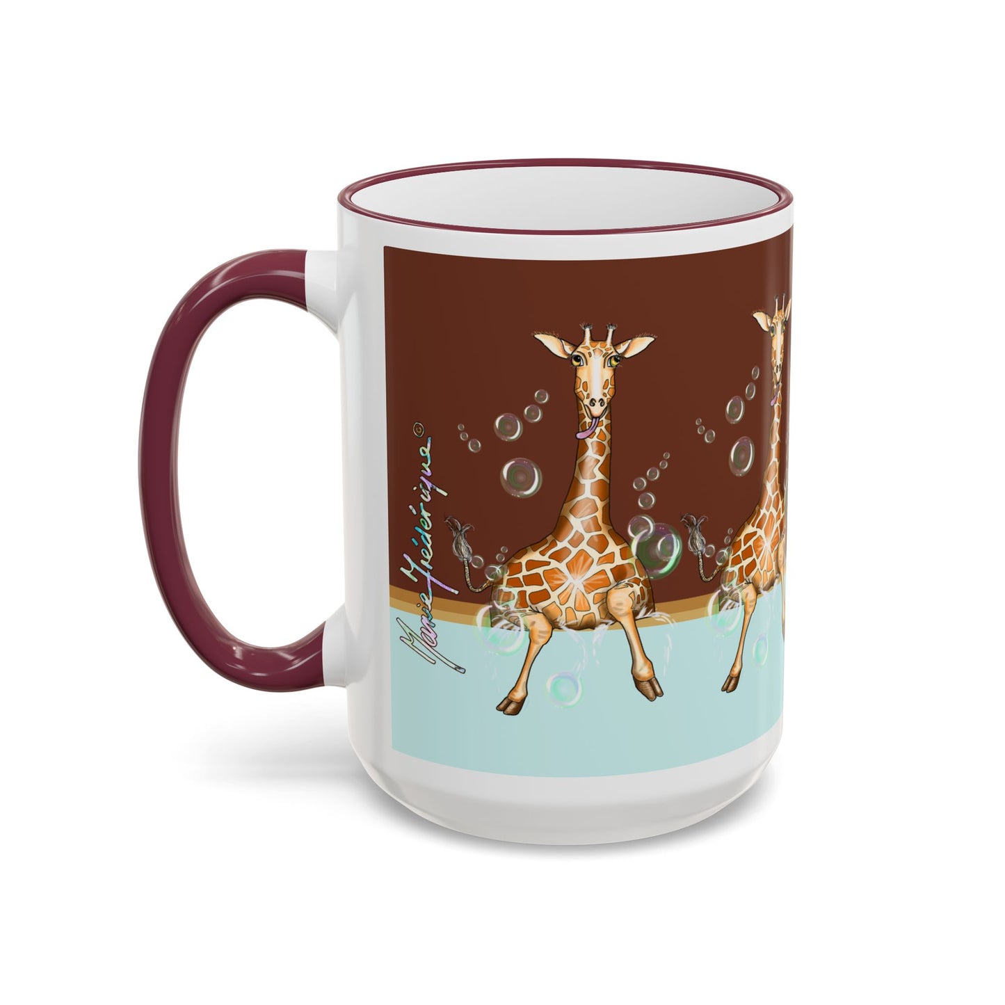 Giraffe Bubbles Accent Rim Mug — Cute Safari Animal Coffee Cup (11oz/15oz) by artist Marie Frederique