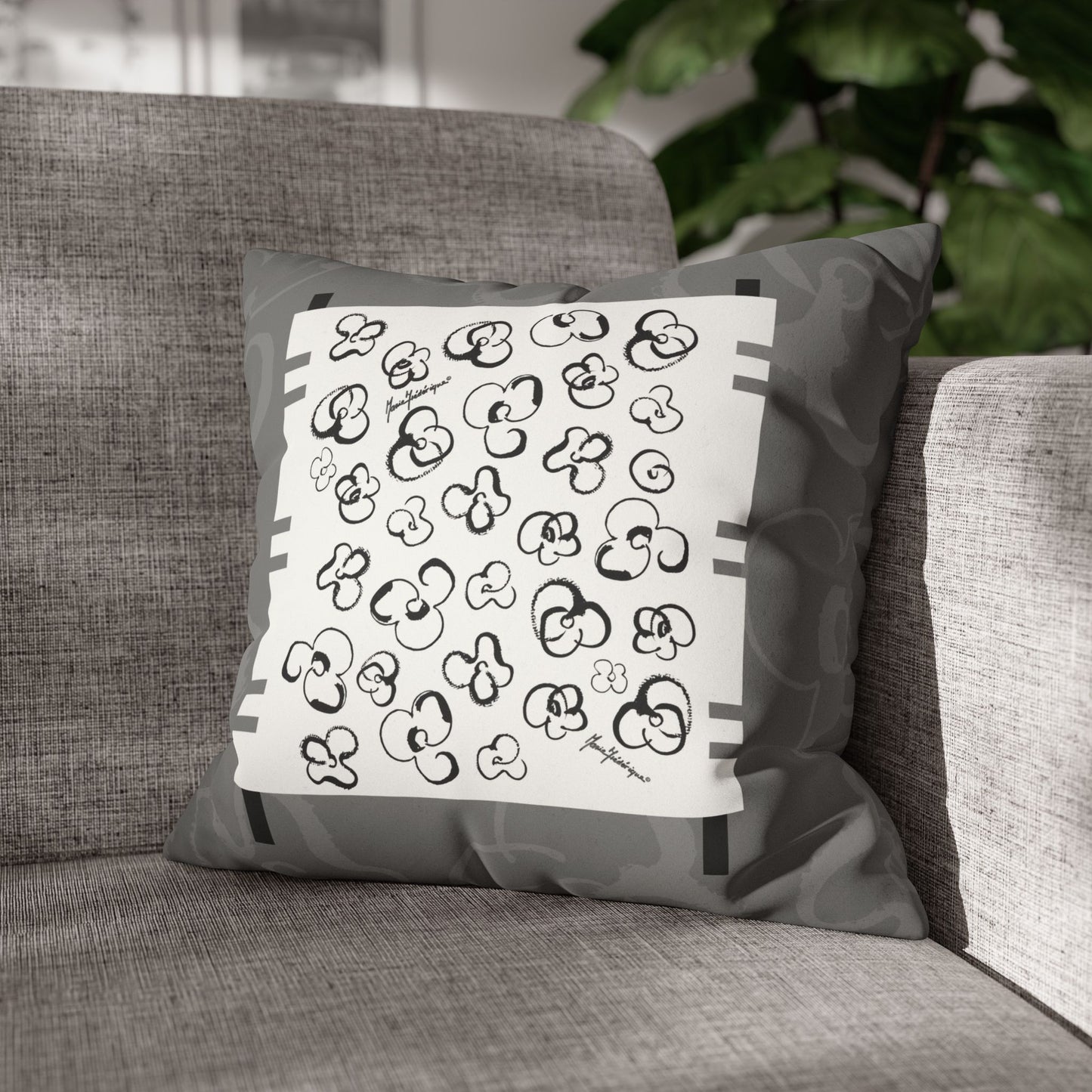 Black, White and Gray Floral Pop Art Faux Suede Pillowcase by artist Marie Frederique