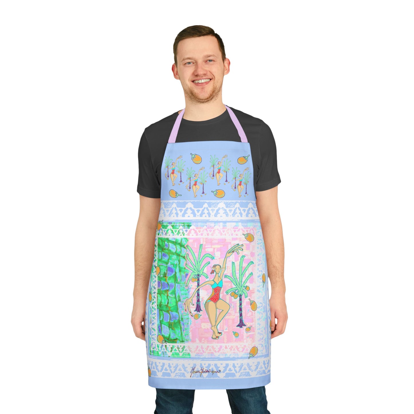 Tropical Palm dancer Pattern Apron — Colorful Retro Cook & BBQ Apron by artist Marie Frederique