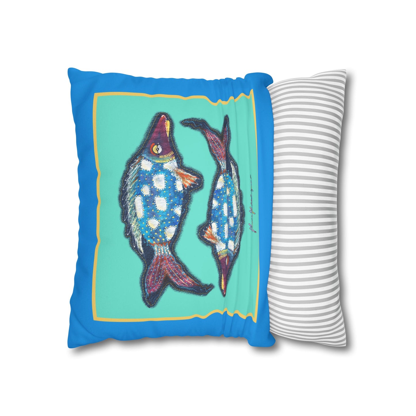 Pisces Fish Faux Suede Pillowcase — Blue Twin Fish Decorative Throw Pillow Cover by artist Marie Frederique