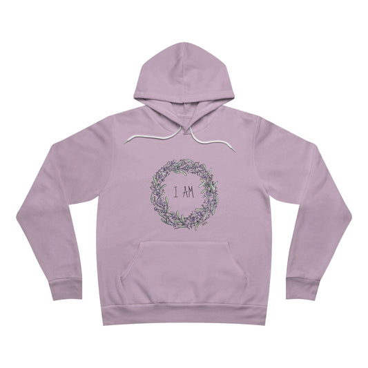 Lavender Wreath with the words "I AM", Unisex Sponge Fleece Pullover Hoodie by artist Marie Frederique