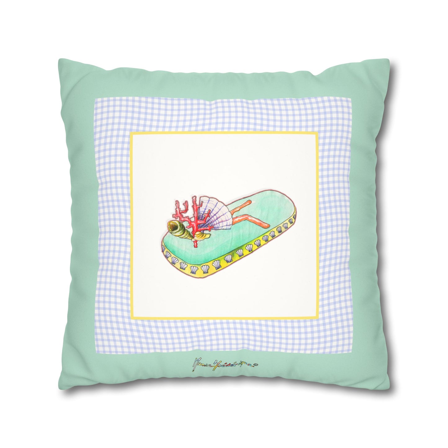 Mint Gingham Vacation Flip-Flop Pillowcase — Beachy Faux Suede Decorative Pillow Cover by artist Marie Frederique