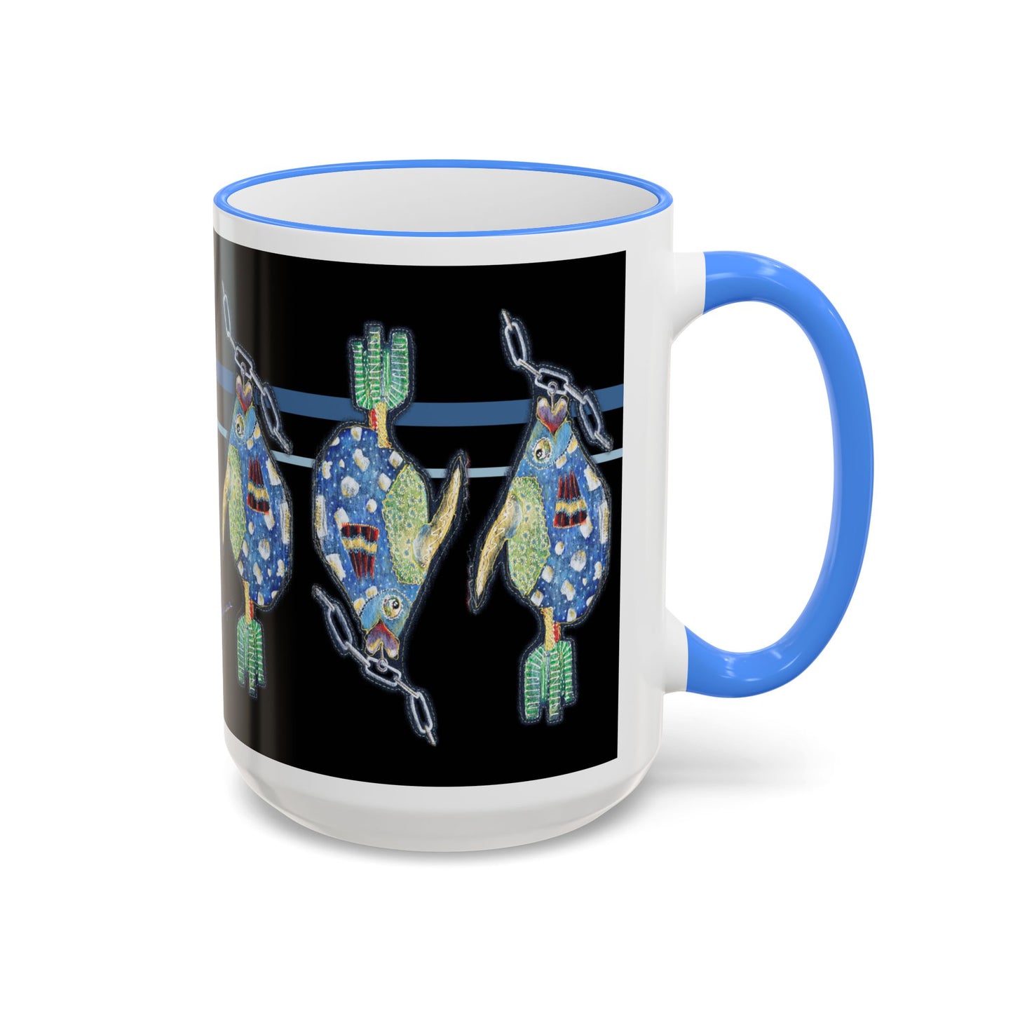 Fish on a Line Accent Rim Mug (11oz/15oz) by artist Marie Frederique