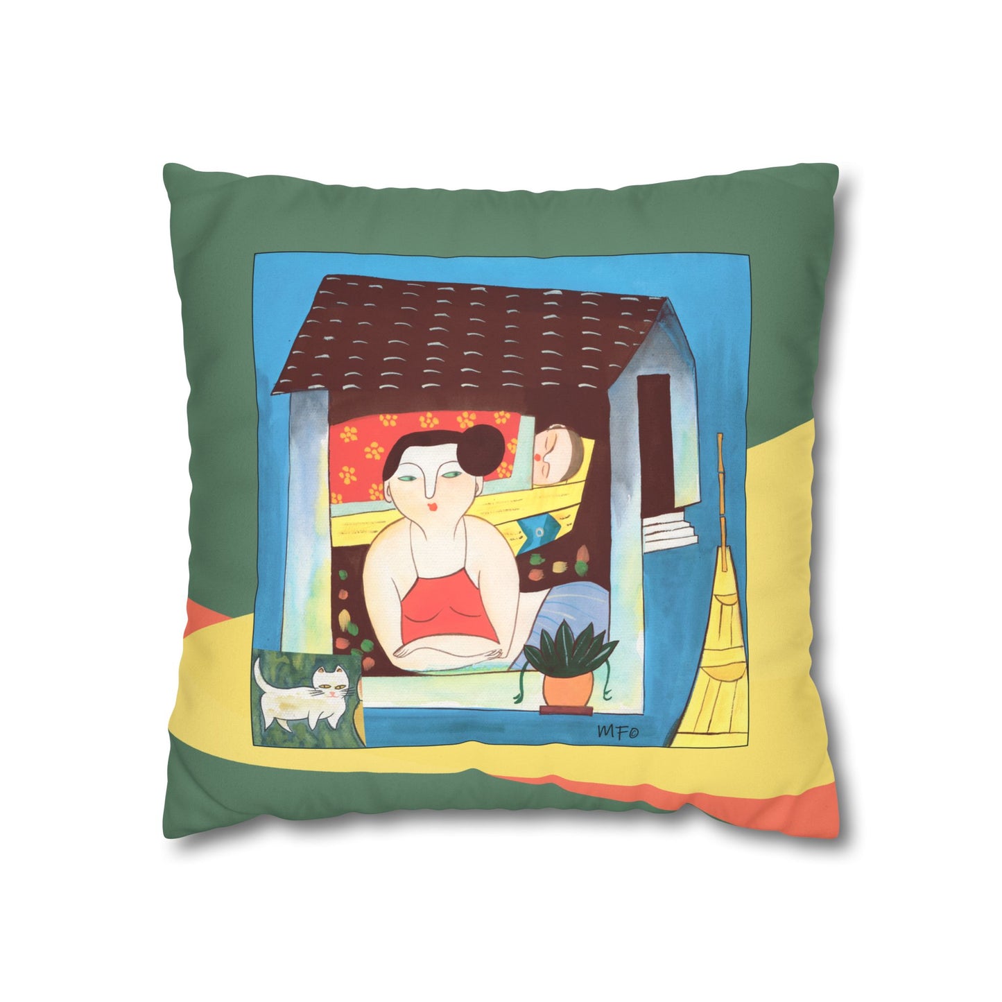 Village scenes, Faux Suede Pillowcase — Colorful Retro Home Decor by artist Marie Frederique