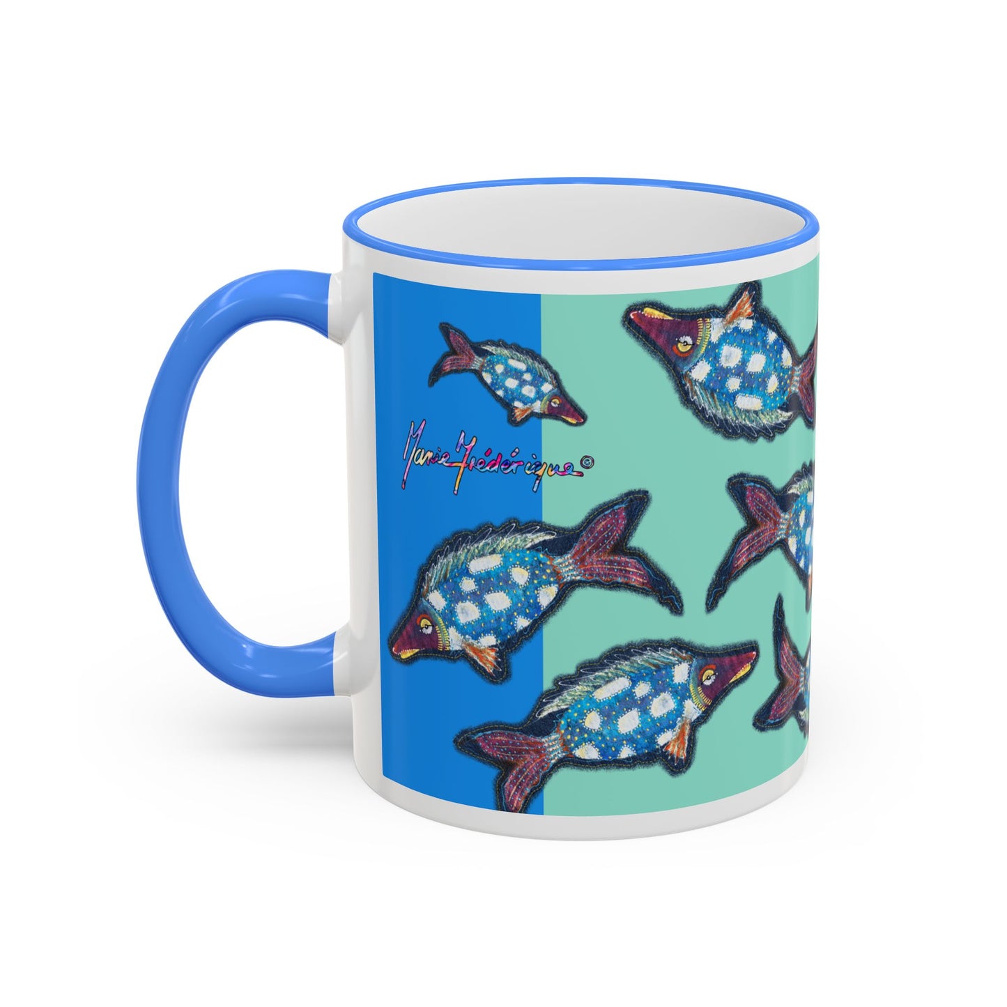 Blue Flying Fish Accent Rim Mug — Nautical Ceramic Coffee Cup (11oz/15oz) by artist Marie Frederique