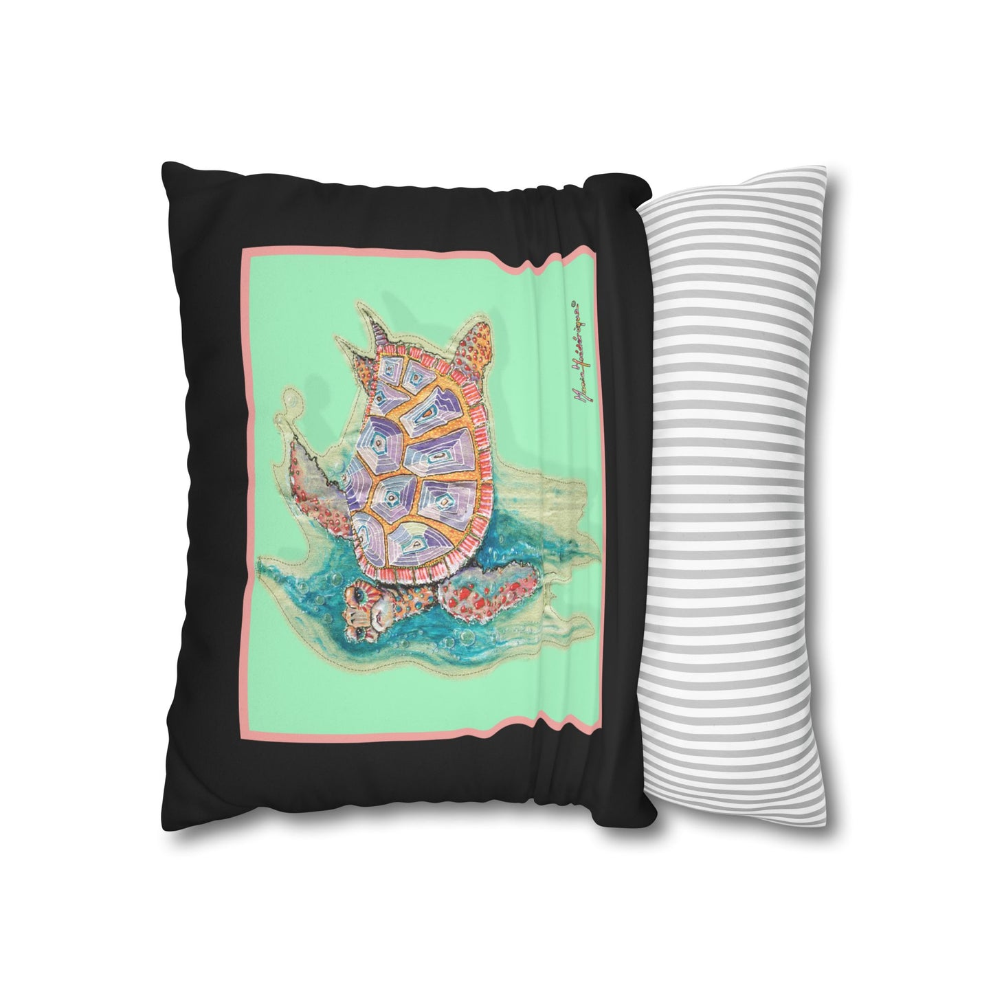 Sea Turtle Art Pillowcase – Colorful Coastal Faux Suede Throw Pillow by artist Marie Frederique