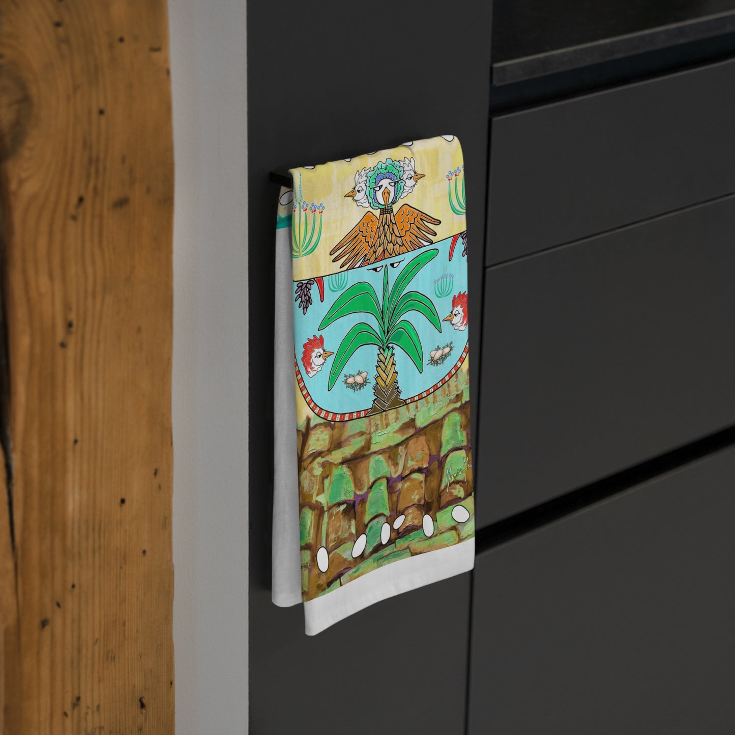 Island Dancing Chicken Tea Towel — Bananas and Chickens Kitchen Towel by artist Marie Frederique