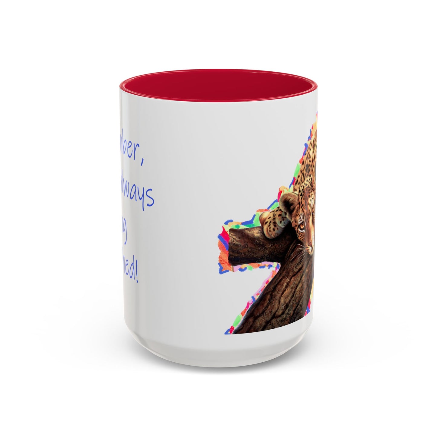 Leopard in a tree, "Remember, you're always being watched!" Mug by Artist Marie Frederique