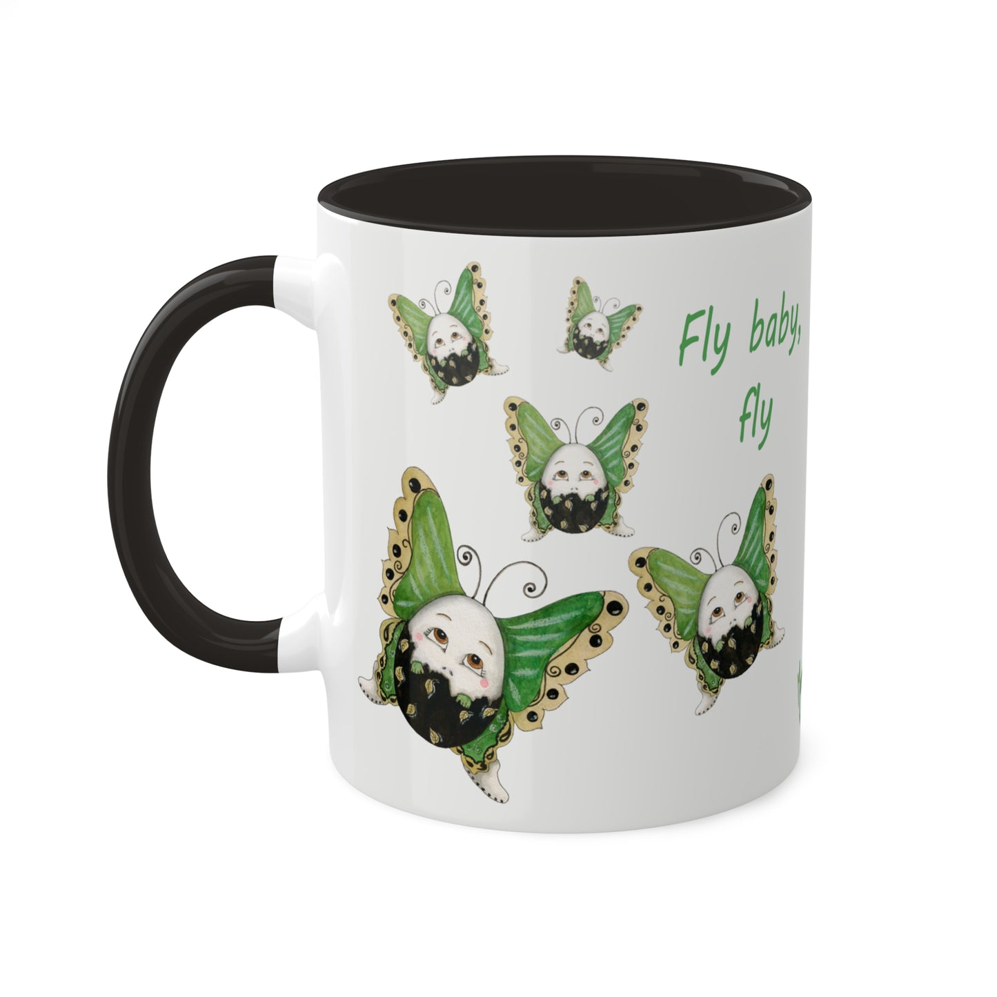 Whimsical Egg Butterfly 2 "Fly, baby fly", Colorful Mugs in black, red and green, 11oz by Artist Marie Frederique