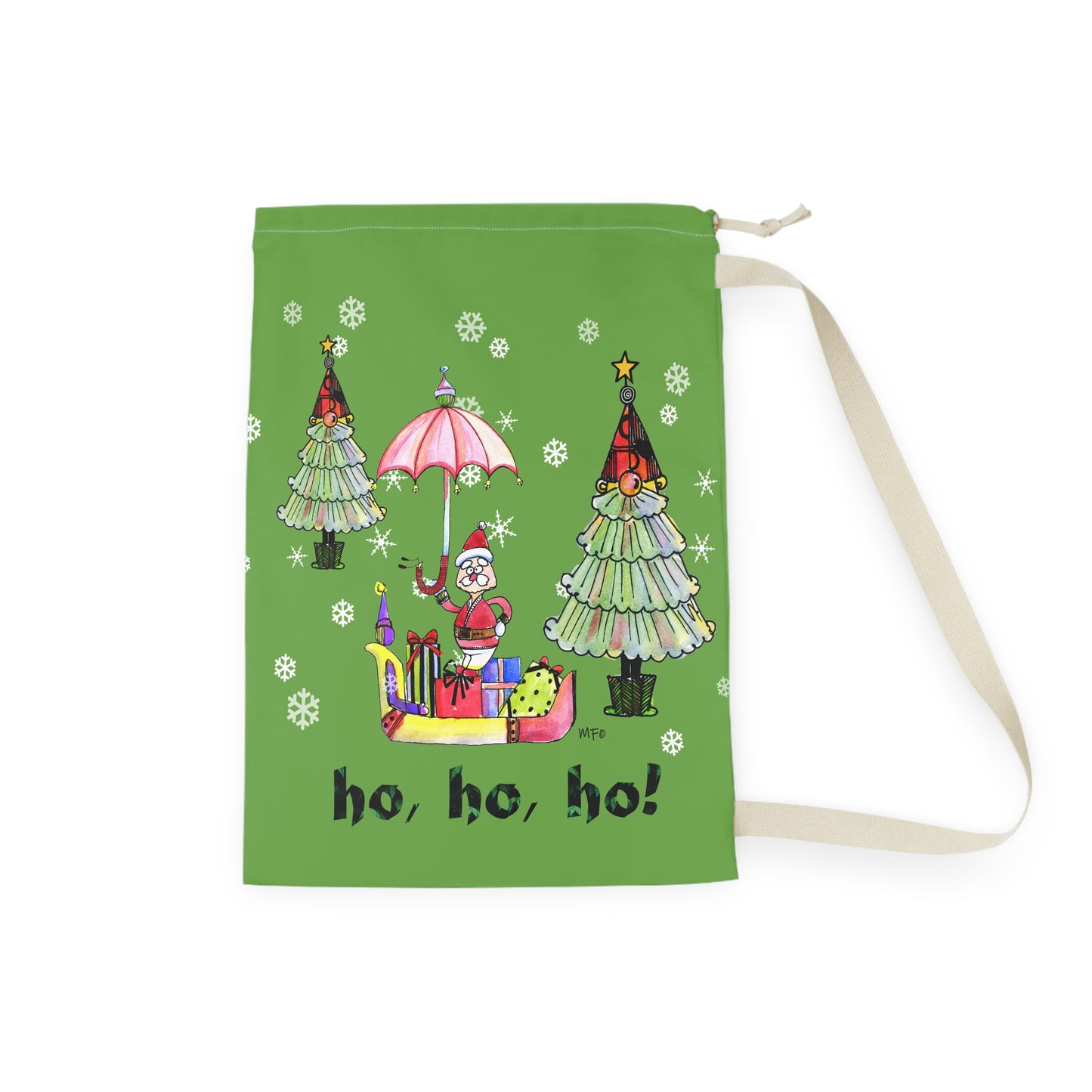 Christmas Laundry Bag — 'Ho, Ho, Ho!' Santa & Trees Holiday Wash Organizer by artist Marie Frederique