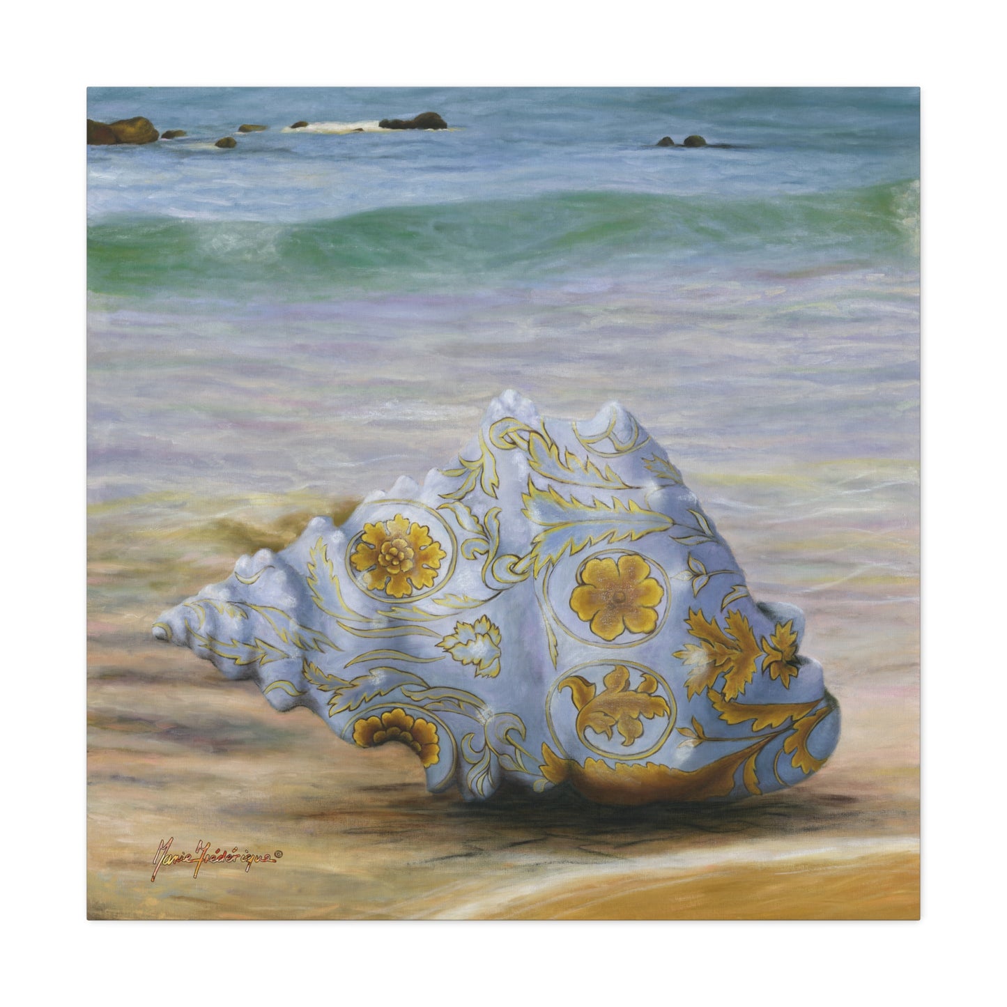 Ocean Tapestry I, Ornate Seashell Beach Canvas – Elegant Coastal Wall Art by artist Marie Frederique