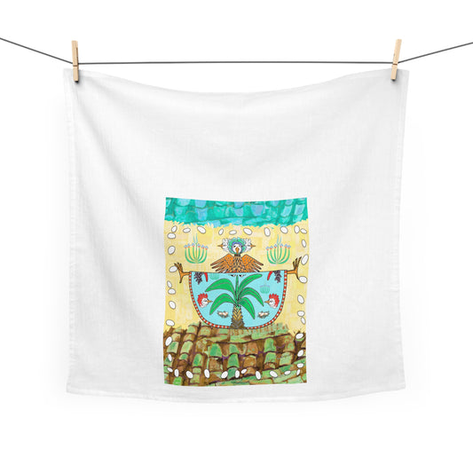Island Dancing Chicken Tea Towel — Bananas and Chickens Kitchen Towel by artist Marie Frederique