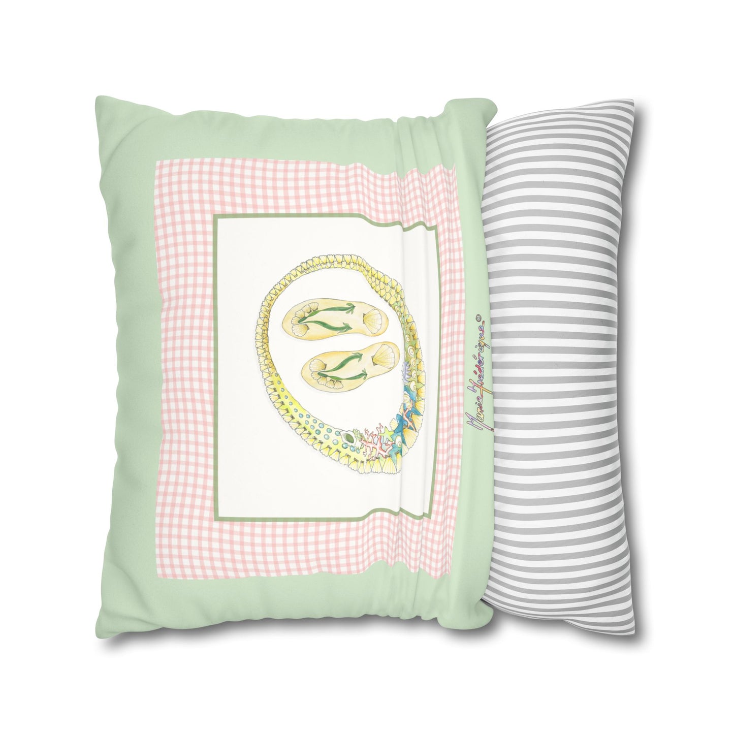 Pastel Vacation necklace and flip flops Faux Suede Pillow Cover by artist Marie Frederique
