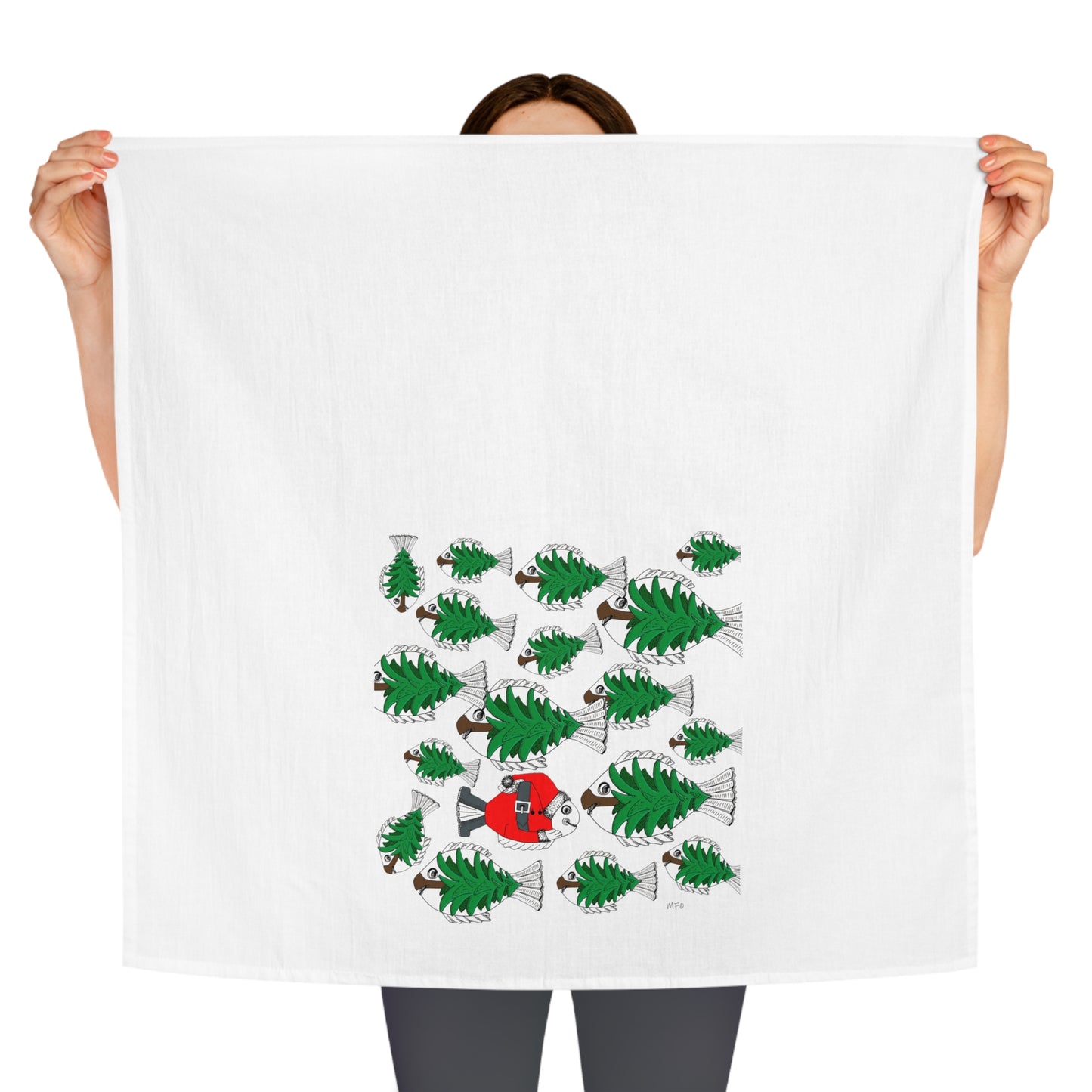 Christmas Tea Towel/Kitchen towel. Shoal of Green Pine Tree Fish with a Red Santa Fish - by artist Marie Frederique