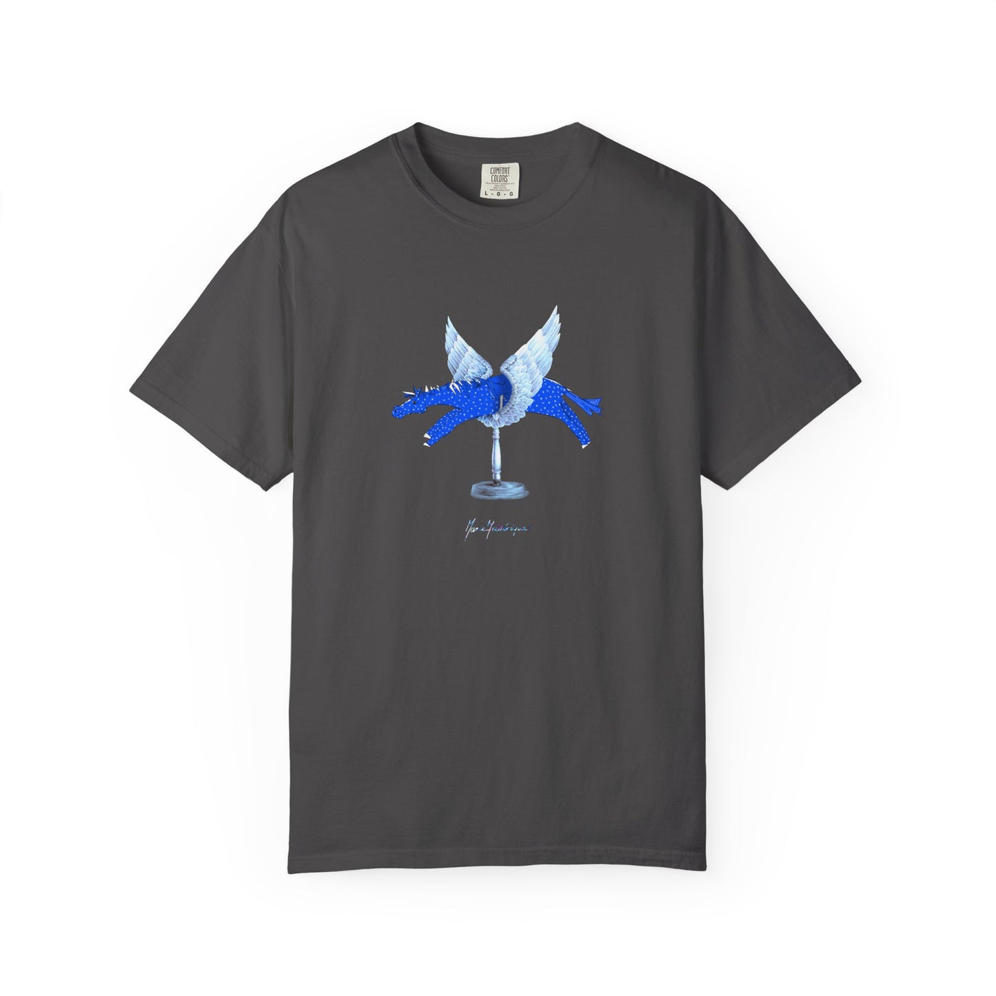 Winged Blue Horse Graphic T-Shirt — "Love Conquers" Equestrian Art Tee by artist Marie Frederique