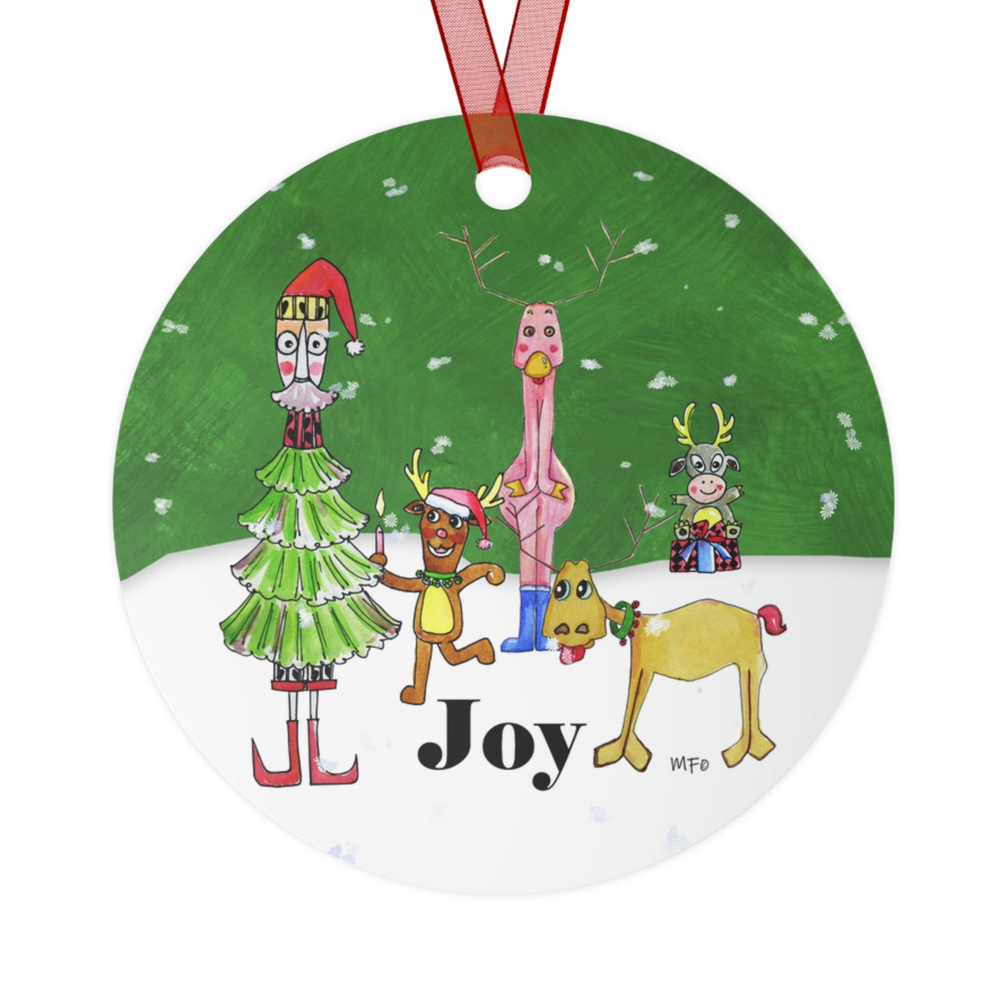 Christmas Ornament double sided print- Reindeer and Christmas Tree Joy by artist Marie Frederique