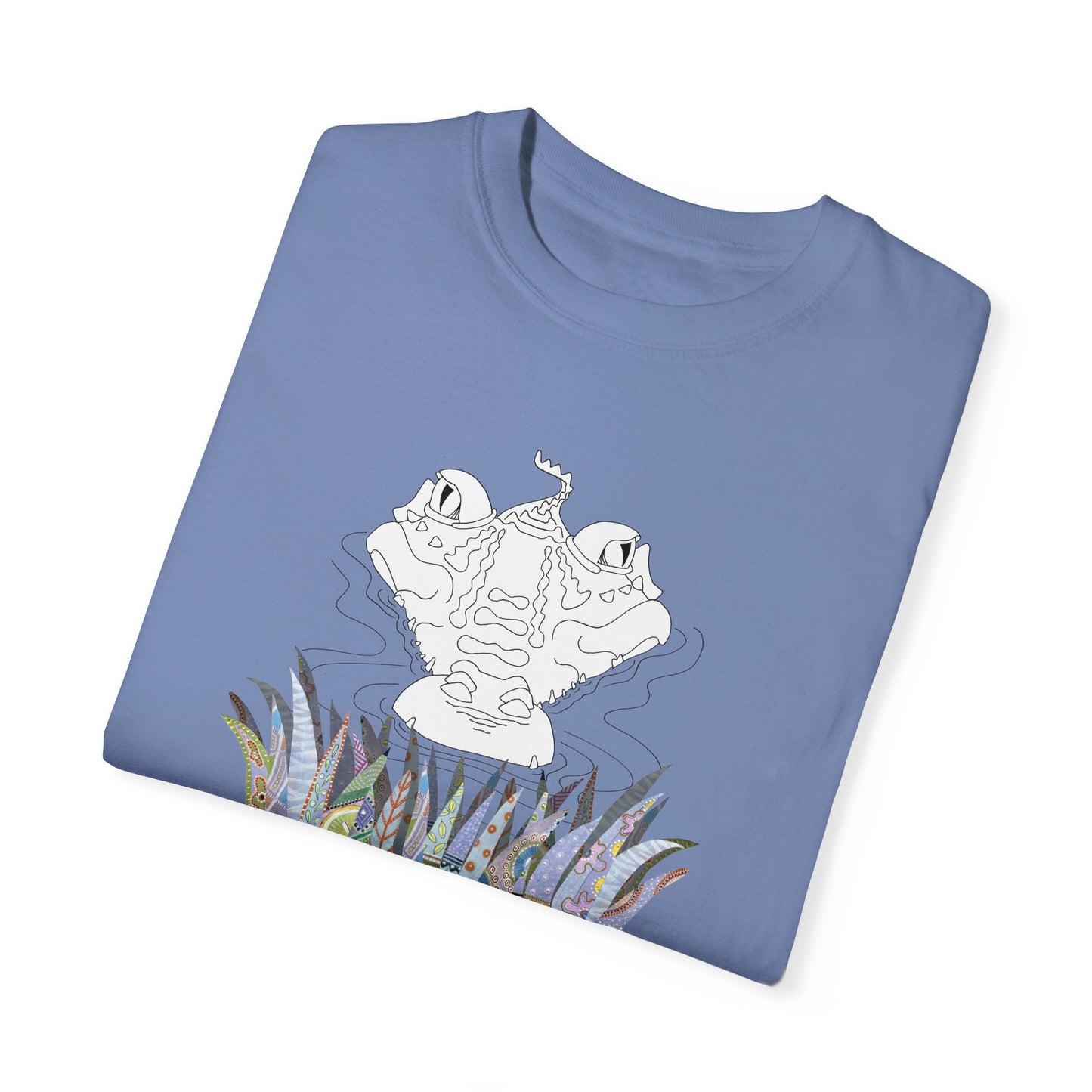 Gator Trip, Reptilian lovers - whimsical drawing in Black & White with painted foliage - Unisex Garment-Dyed T-shirt by artist Marie Frederique