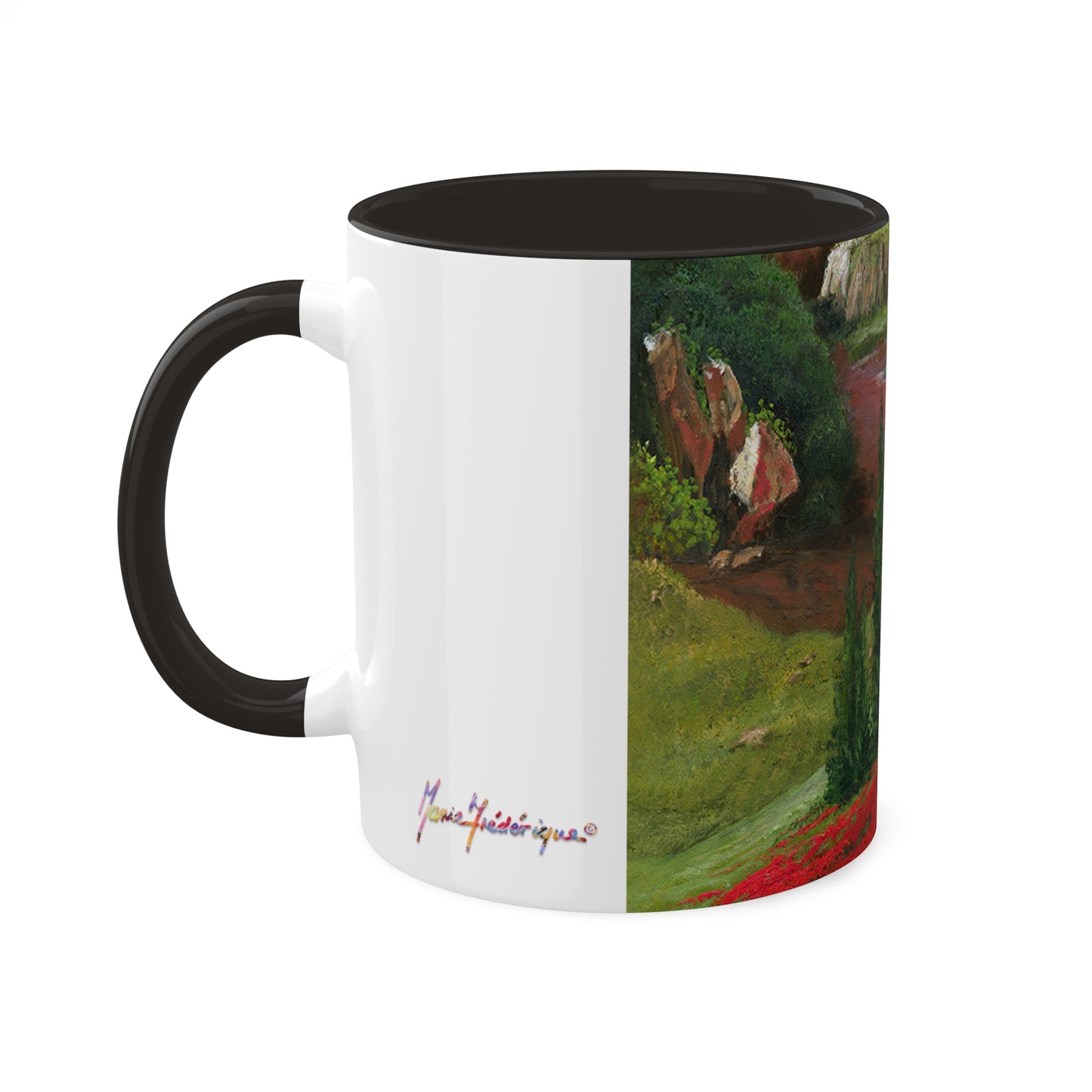 Indian Summer teepees and Poppies with a backdrop of canyons in 4 colors, red, black, yellow and light green - Colorful Mug, 11oz By Artist Marie Frederique