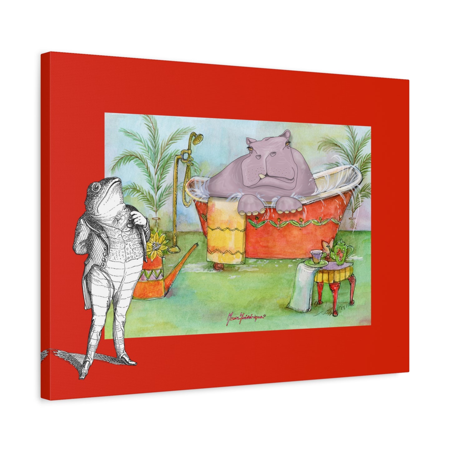 Hippo in Bathtub Canvas Wall Art – Whimsical Animal Bathroom Decor by artist Marie Frederique