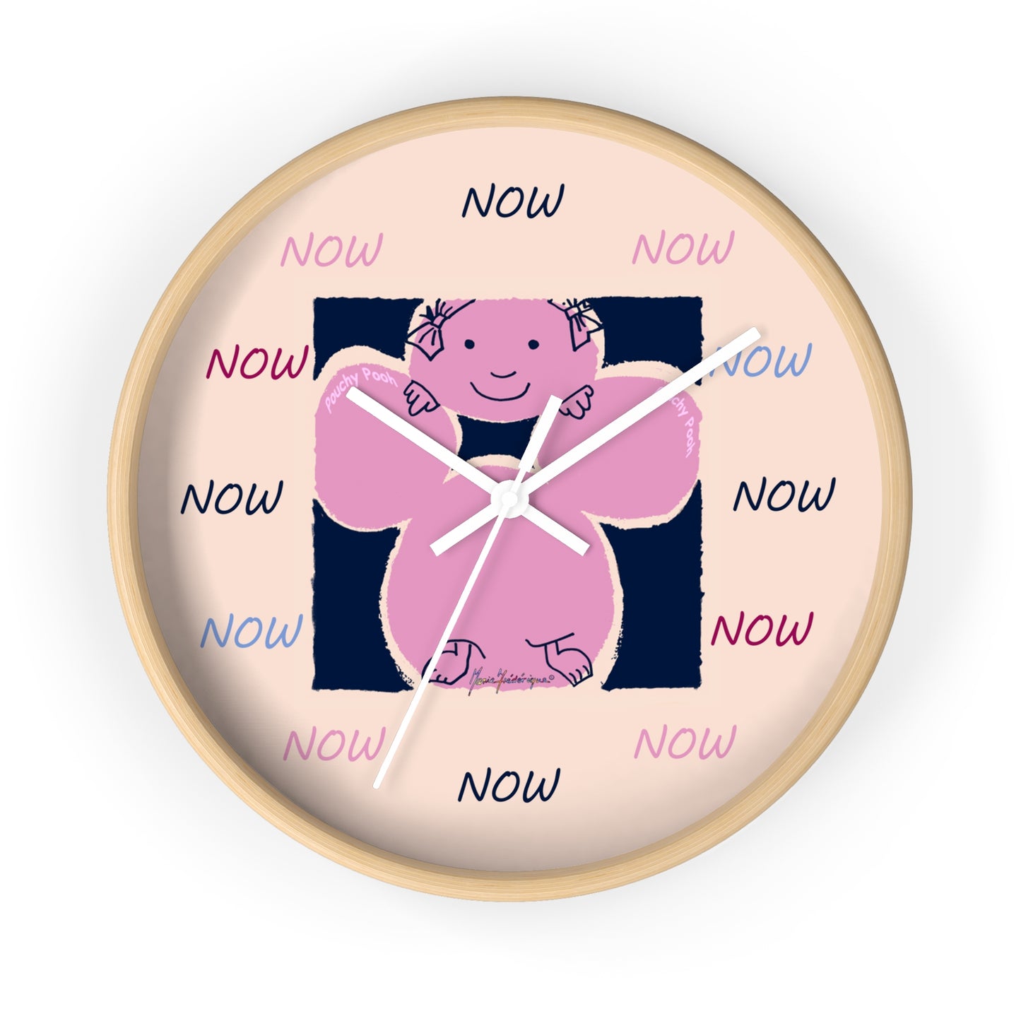 NOW - Wall Clock Pouchy Pooh (Pronounced Puchi Poo) in pink and navy by Artist Maria Frederique