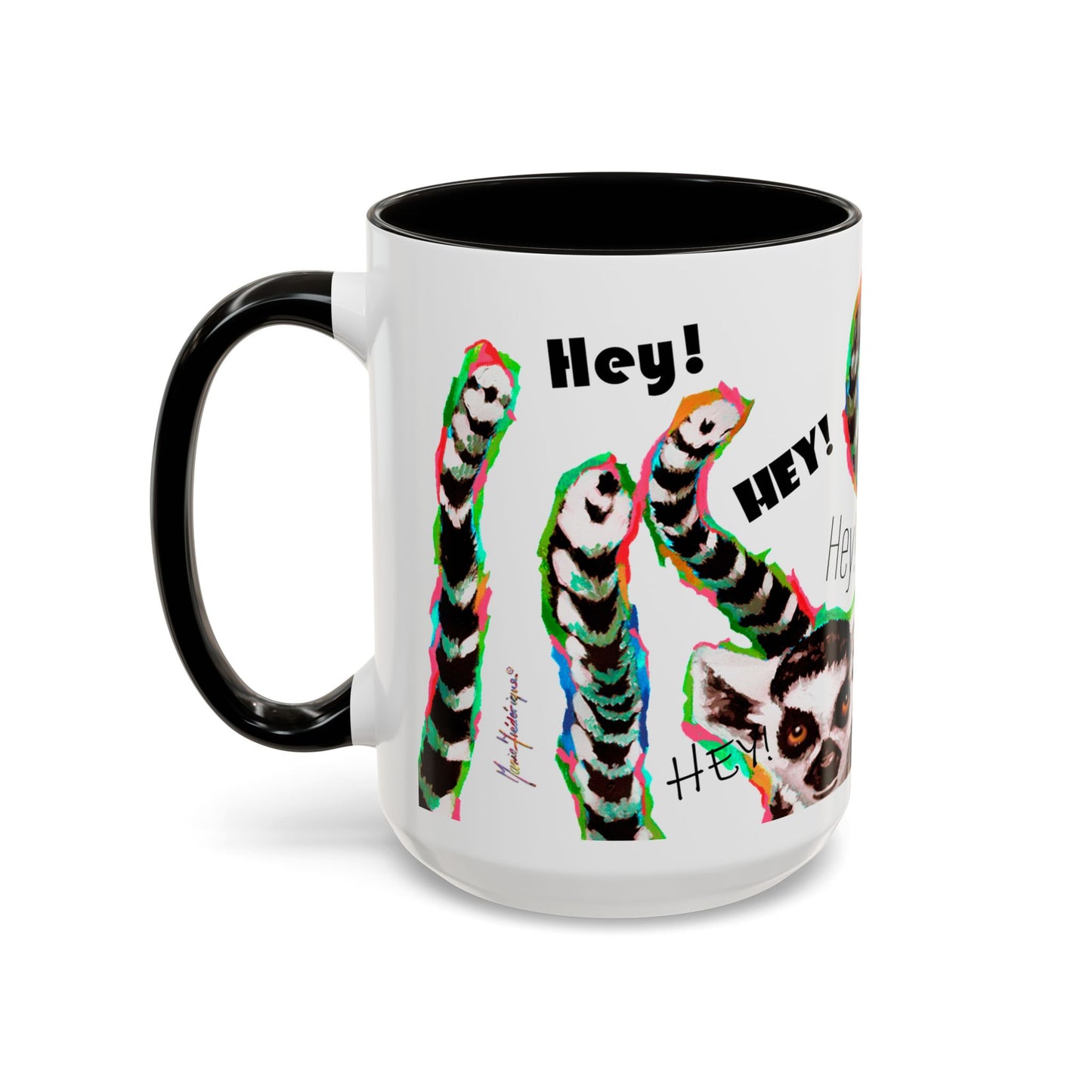 Lemurs from Madagascar scrambling to say "Hey!" - Colorful Mug by Artist Marie Frederique