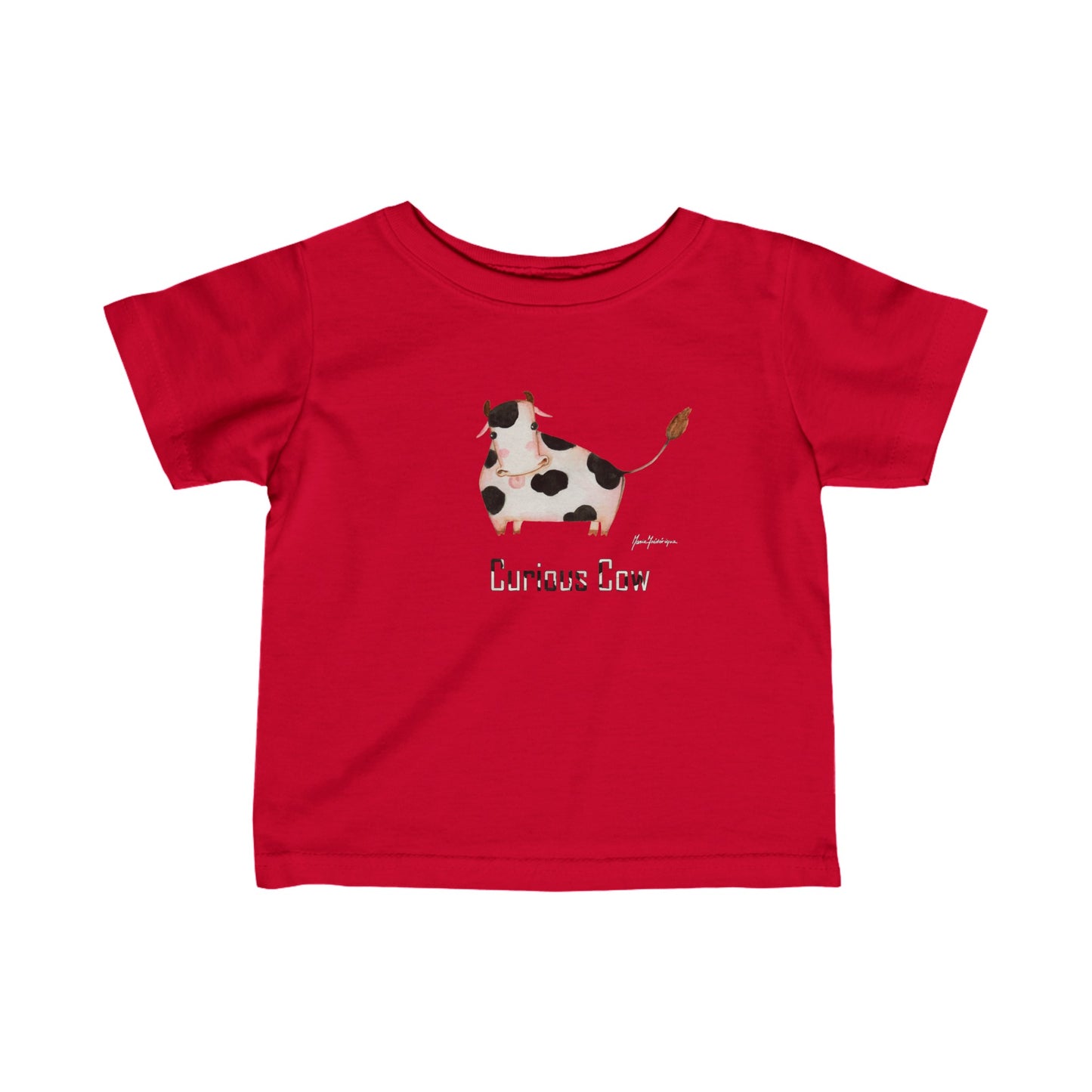 Curious Cow - Infant Fine Jersey Tee by Artist Marie Frederique in 5 color options. White, Apple, Light Blue, Pink and Red