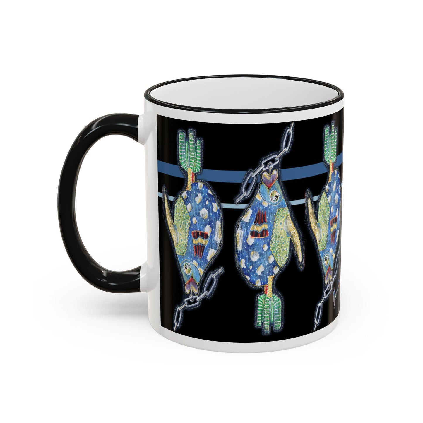 Fish on a Line Accent Rim Mug (11oz/15oz) by artist Marie Frederique
