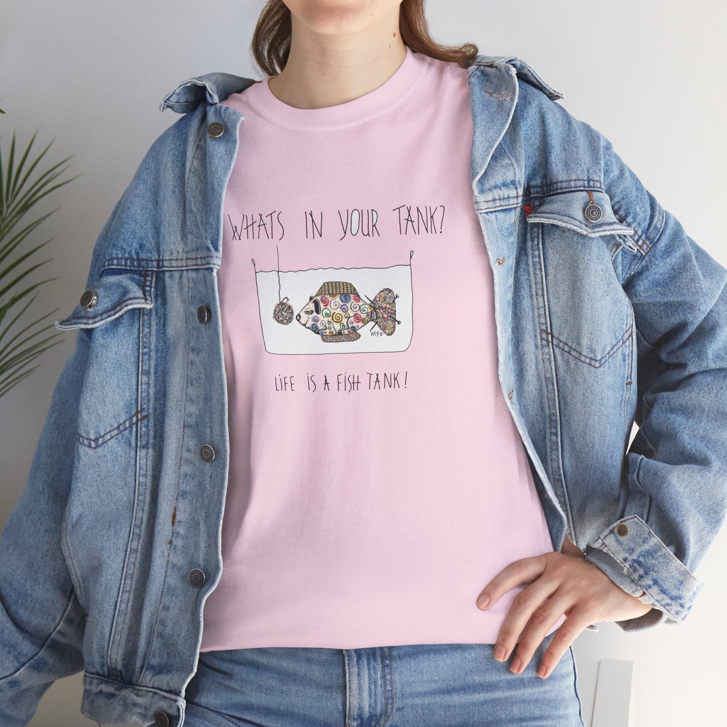 Life is a Fish Tank Collection, "What's in your tank?  Sheep Fish with a dangling ball of wool in front of it. Unisex Heavy Cotton Tee by artist Marie Frederique