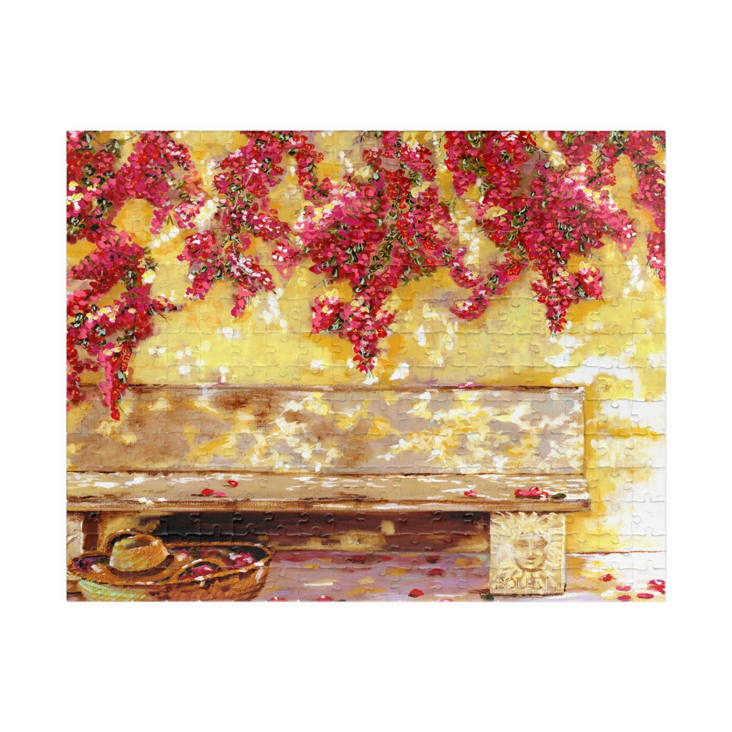 My Happy place - Bougainvillea Pink flowers and a stone bench, Jigsaw Puzzle by Artist Marie Frederique - Puzzle 1014-piece