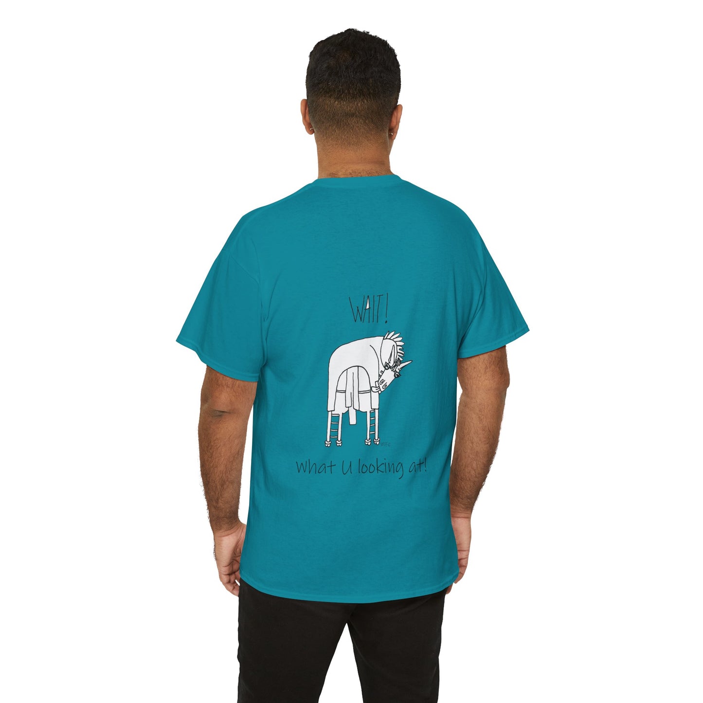 Horse lovers - Blank front Tee. Printing on the back only "Wait! What U looking at!" Unisex Heavy Cotton Tee by artist Marie Frederique