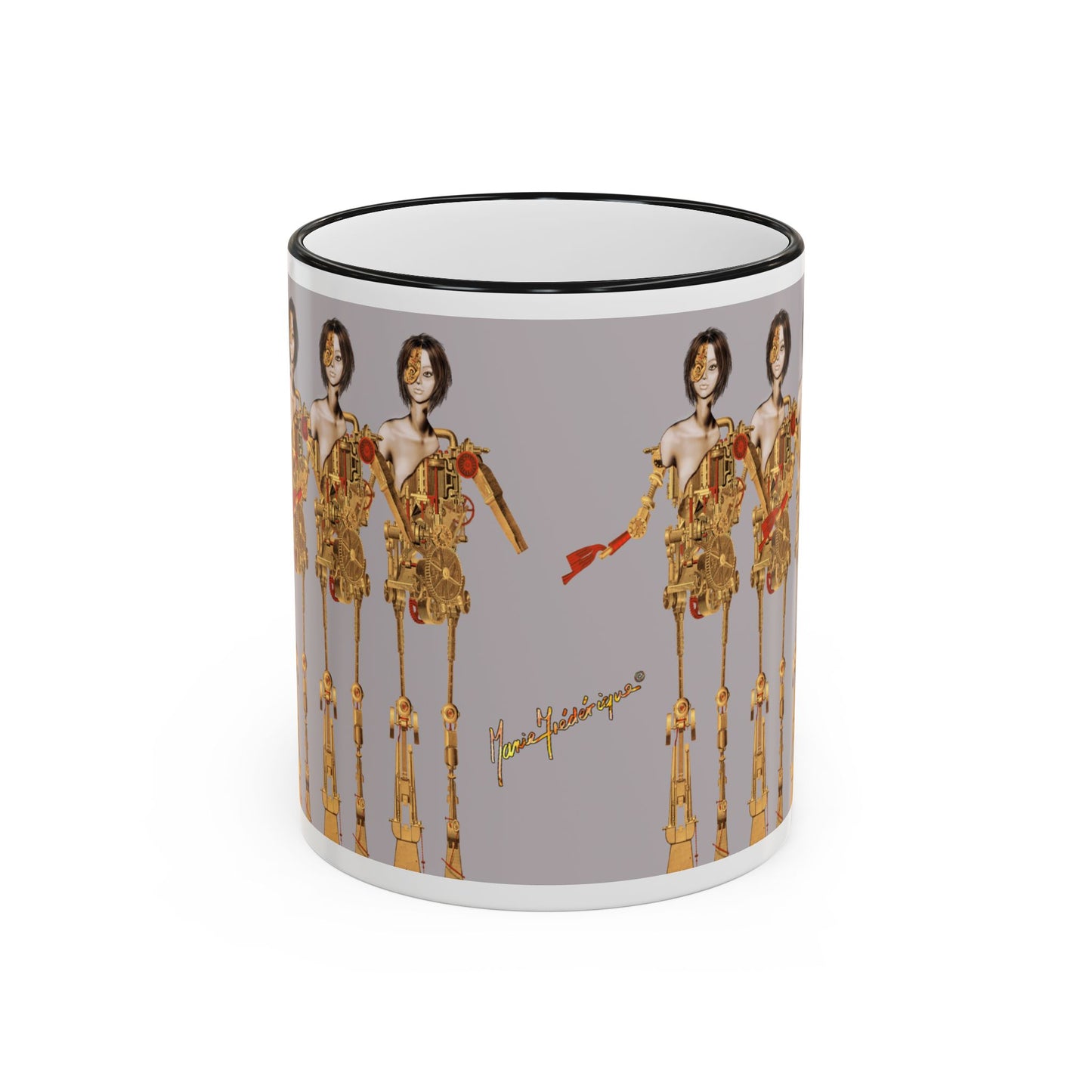 Retro Steampunk Figurine, Men and their Machines - Accent Rim Coffee Cup (11oz/15oz) by artist Marie Frederique