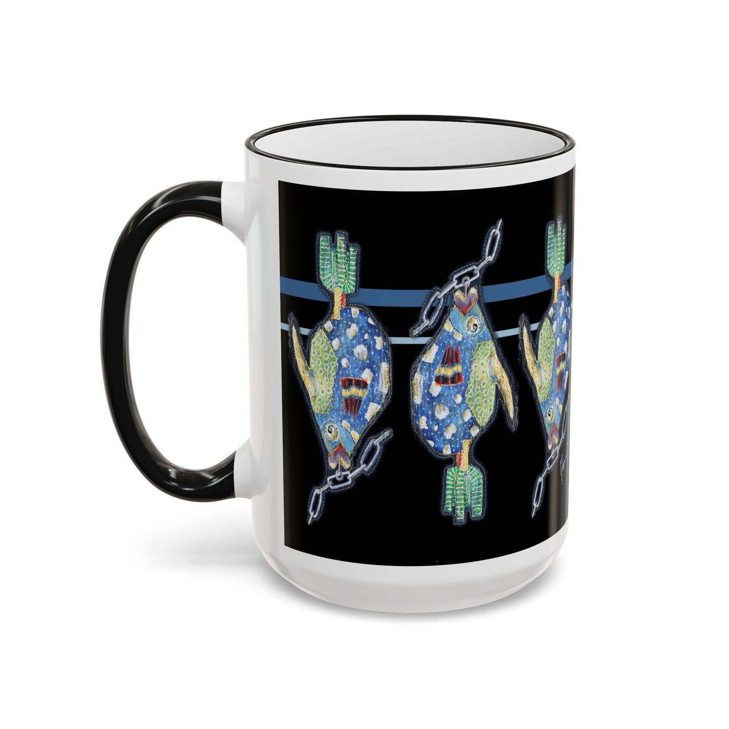 Fish on a Line Accent Rim Mug (11oz/15oz) by artist Marie Frederique